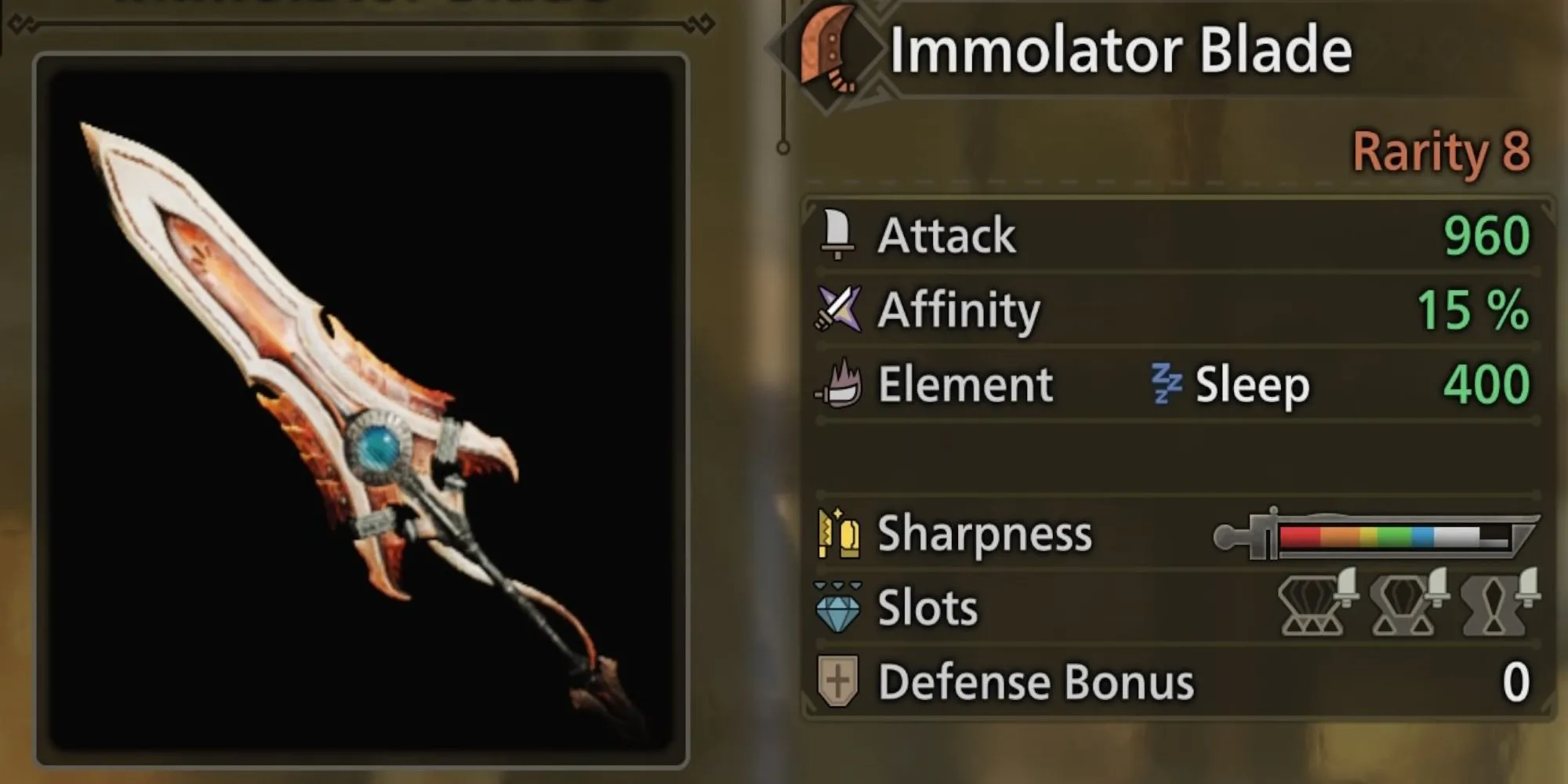 Thanh Immolator Blade từ Nerscylla trong Monster Hunter Wilds, có thiết kế độc đáo dựa trên loài nhện Nerscylla, chuyên gây trạng thái Ngủ.