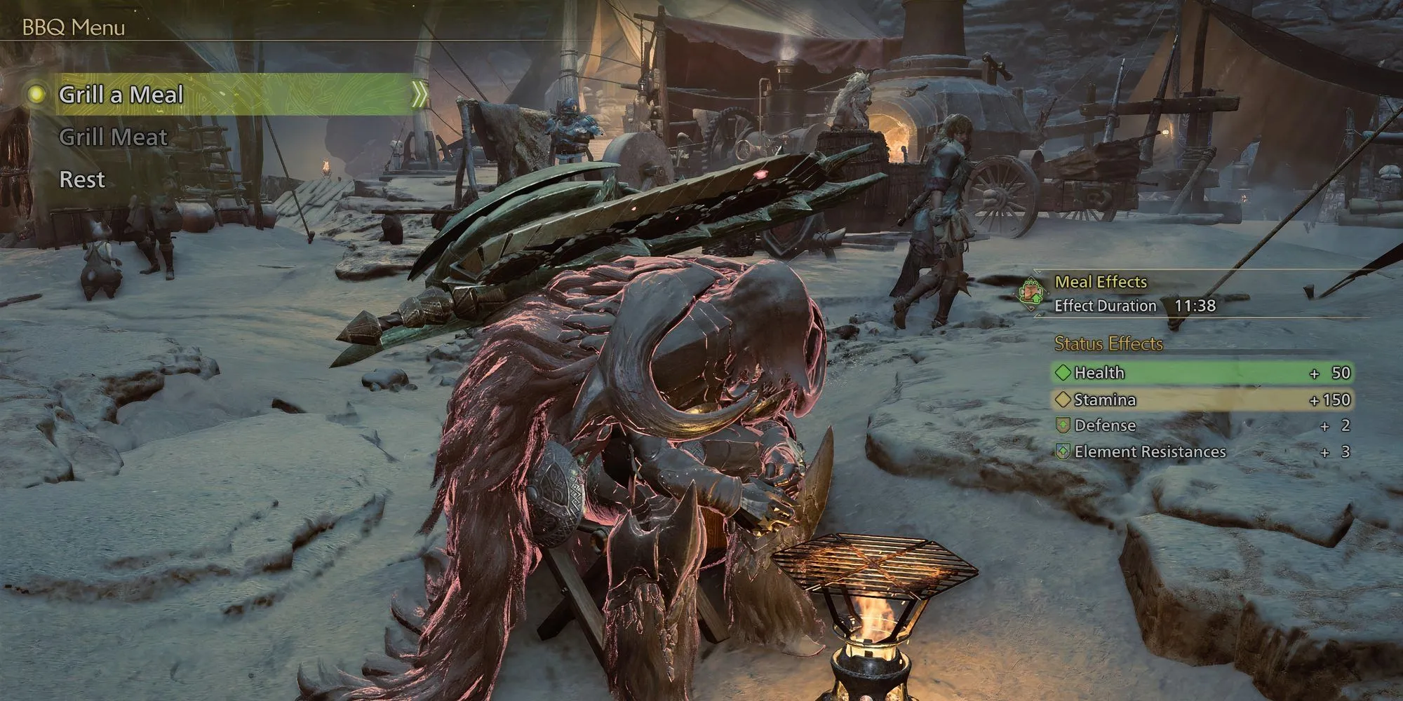 Thợ săn chuẩn bị bữa ăn tăng cường sức mạnh tại khu cắm trại trong Monster Hunter Wilds trước khi săn Uth Duna