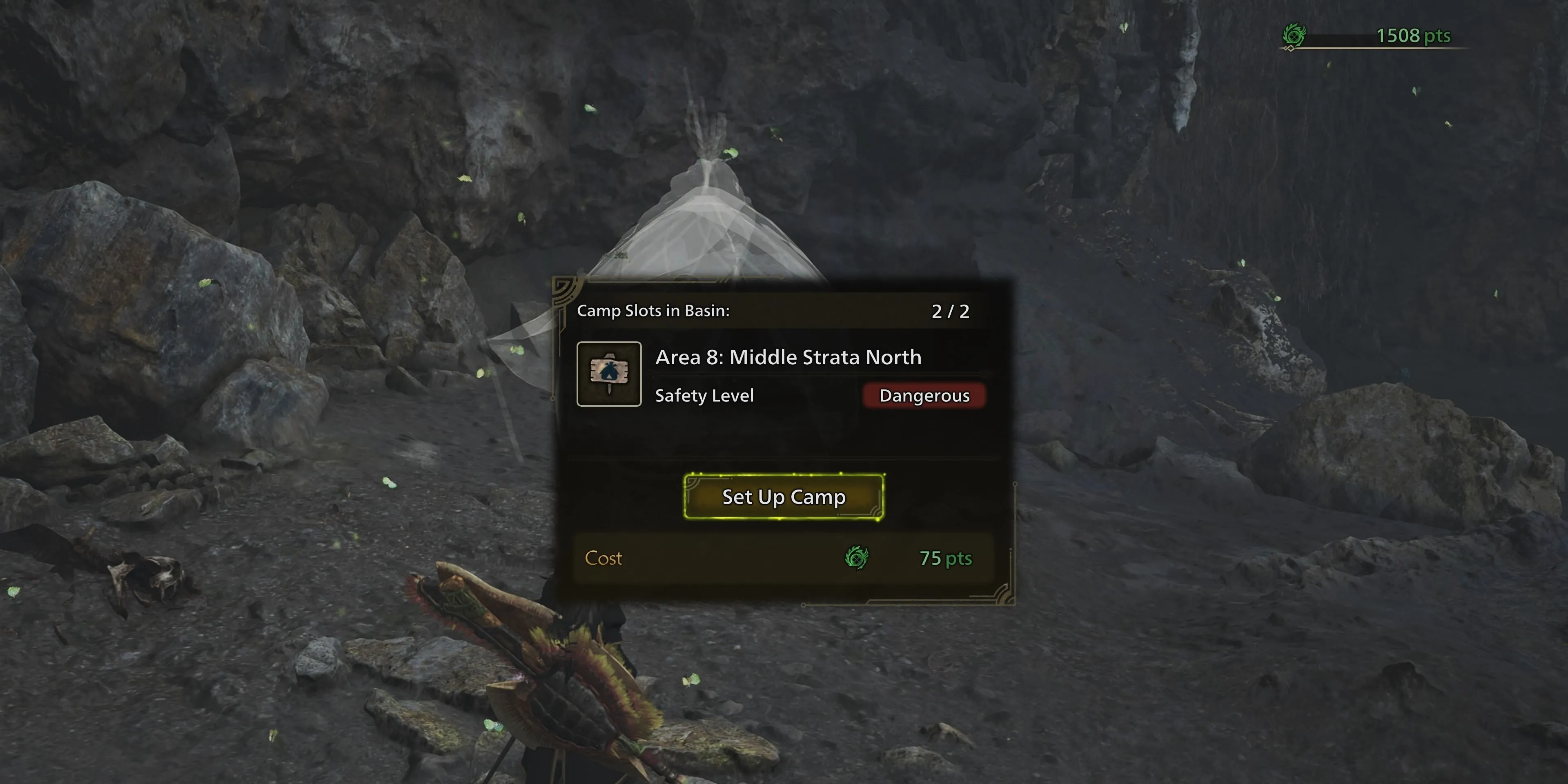 Thợ săn đang thiết lập một Trại Tạm Thời trong Monster Hunter Wilds gần vị trí có Quatreflies phát sáng