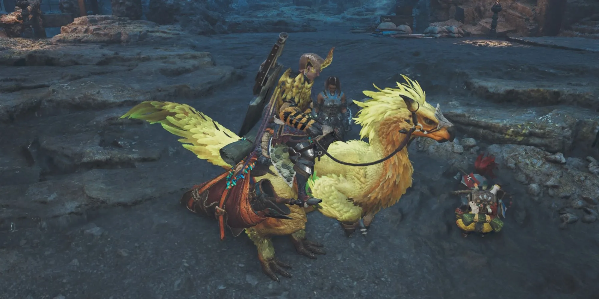Thợ săn Monster Hunter Wilds đang cưỡi Seikret với vũ khí phụ trên lưng giữa hoang mạc