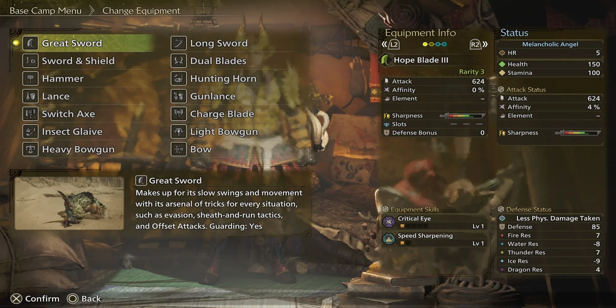 Thợ săn Monster Hunter Wilds đang lựa chọn vũ khí từ kho trang bị đa dạng