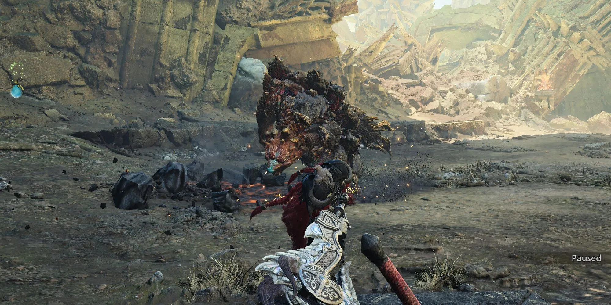 Thợ săn né đòn tấn công mạnh mẽ của Ajarakan trong Monster Hunter Wilds