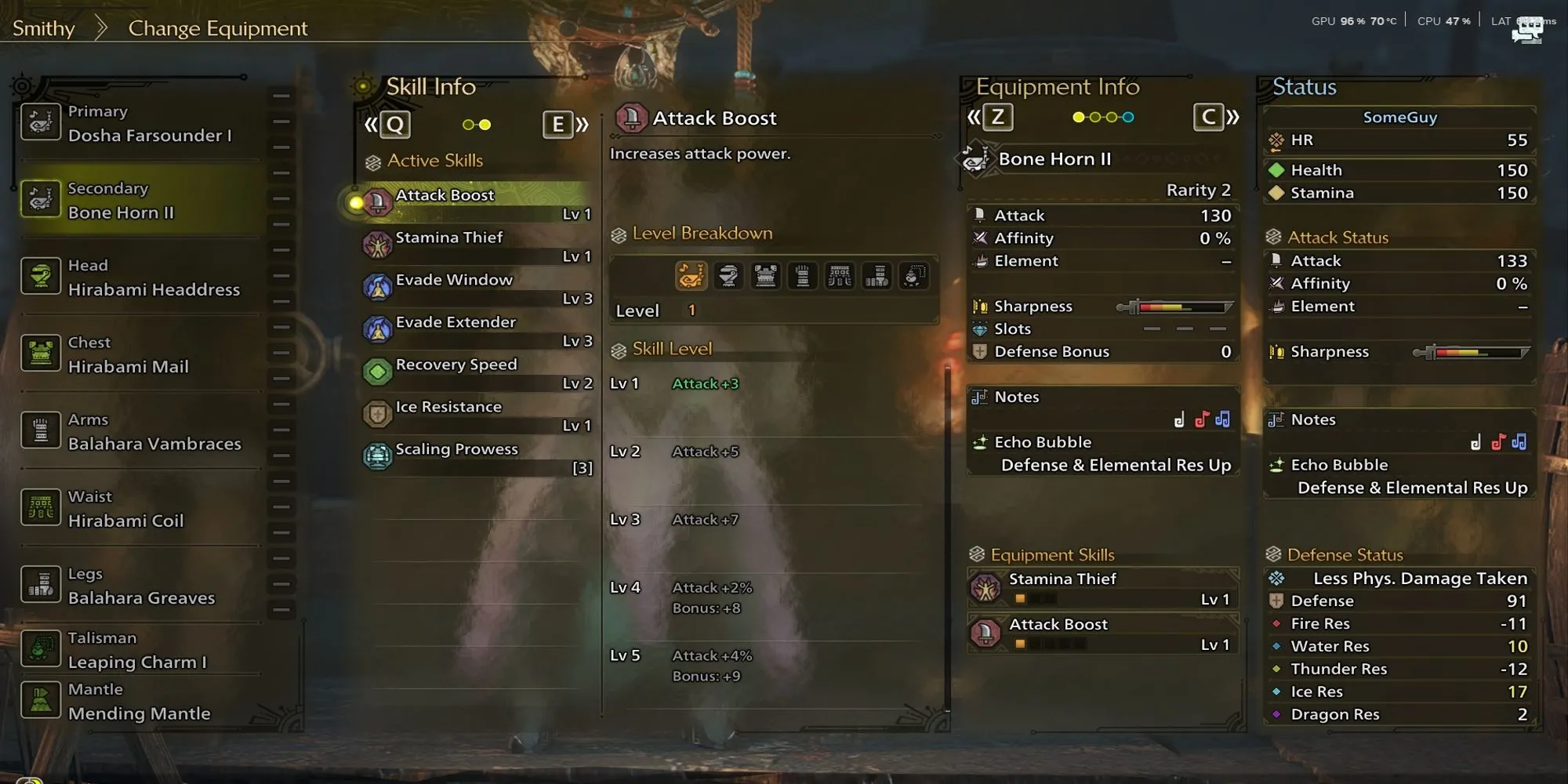 Thợ săn sử dụng Hunting Horn hạng thấp trong Monster Hunter Wilds với Bone Horn II và giáp Hirabami, Balahara tối ưu khả năng né tránh