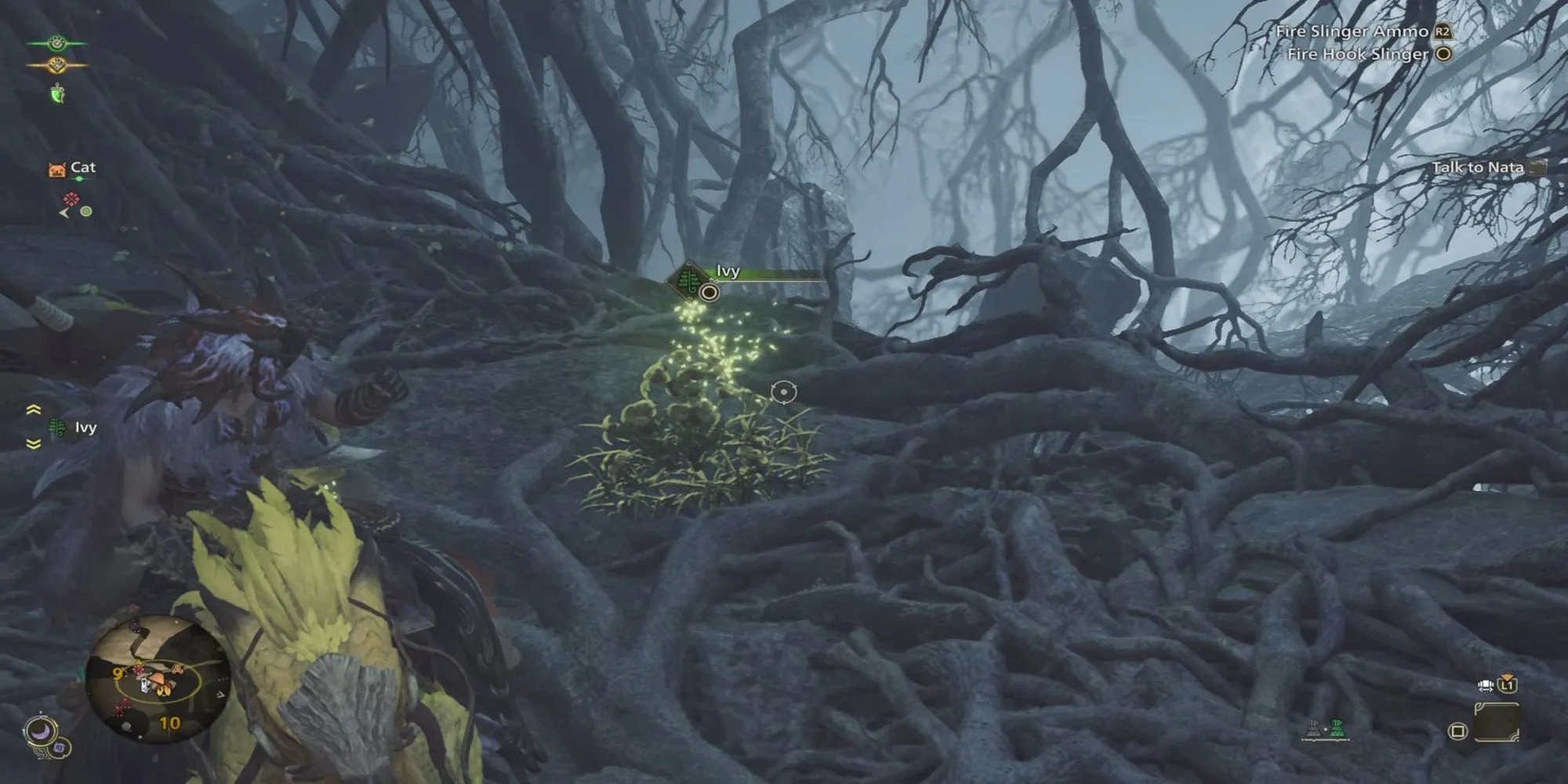 Thợ săn sử dụng móc câu để thu thập vật phẩm khi đang cưỡi Seikret trong Monster Hunter Wilds