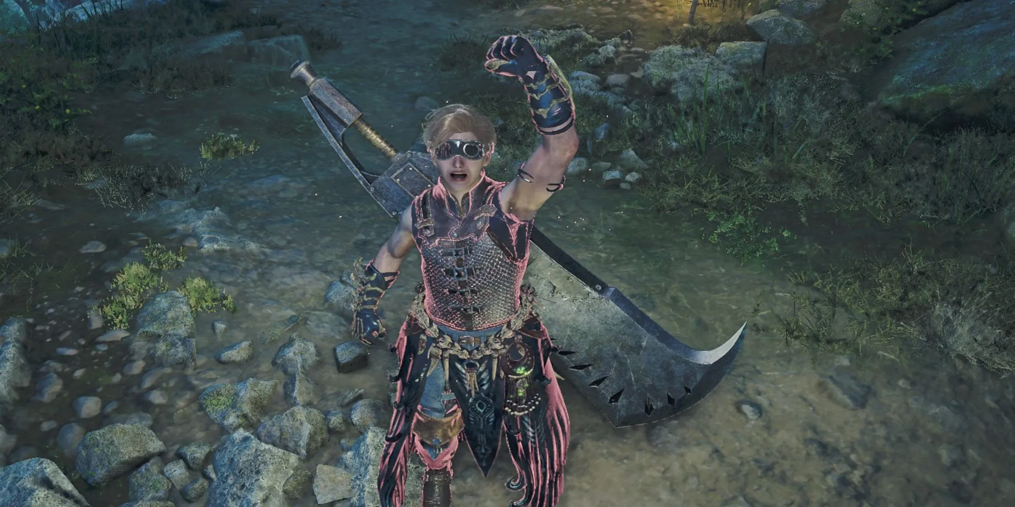Thợ săn tạo dáng với Greatsword trong Monster Hunter Wilds