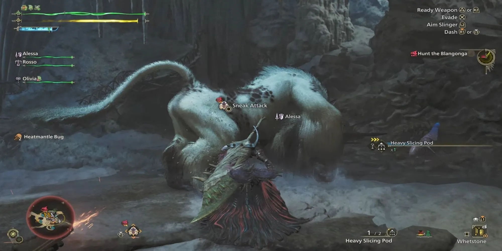 Thợ săn thực hiện đòn tấn công lén lút từ phía sau một con quái vật trong Monster Hunter Wilds