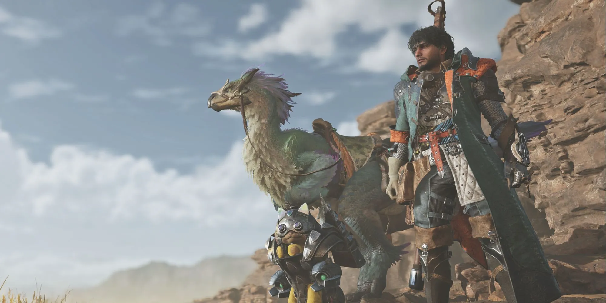 Thợ săn và Palico trong Monster Hunter Wilds với bộ trang bị độc đáo nhờ Layered Armor