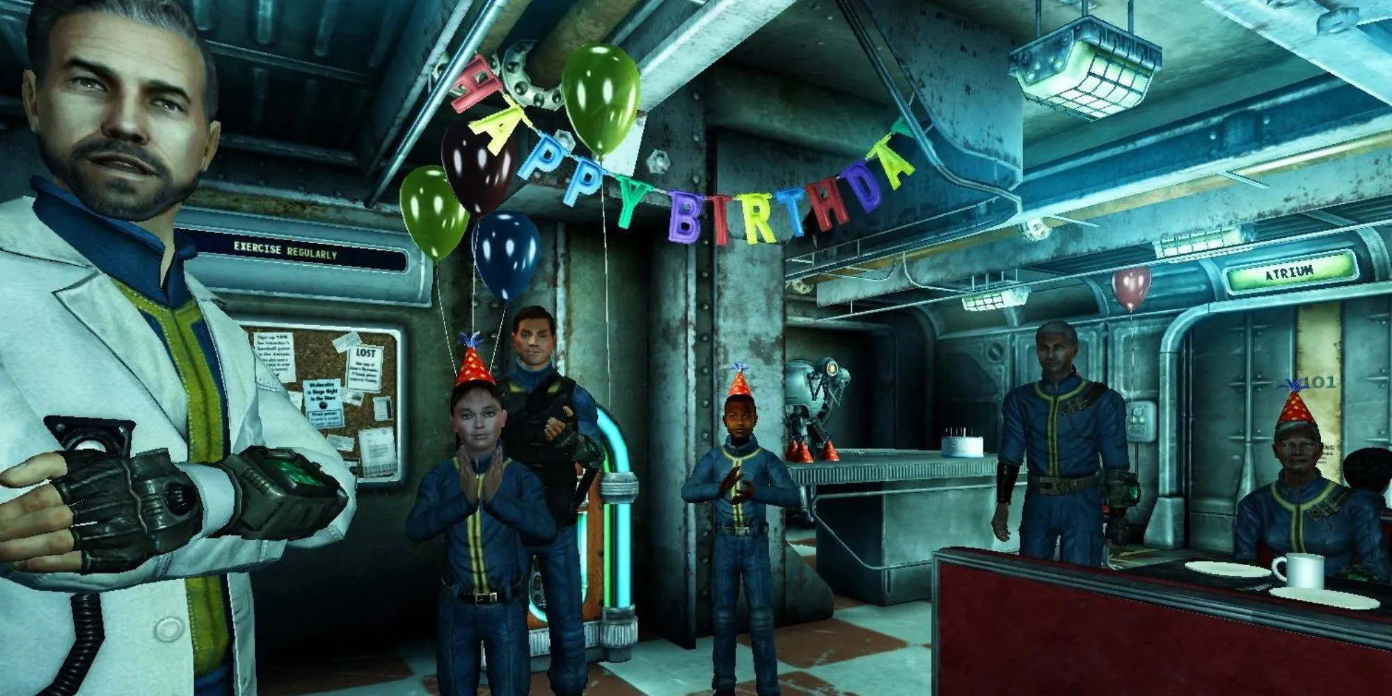Tiệc sinh nhật trong Vault 101 của game Fallout 3 thể hiện không khí đầu game