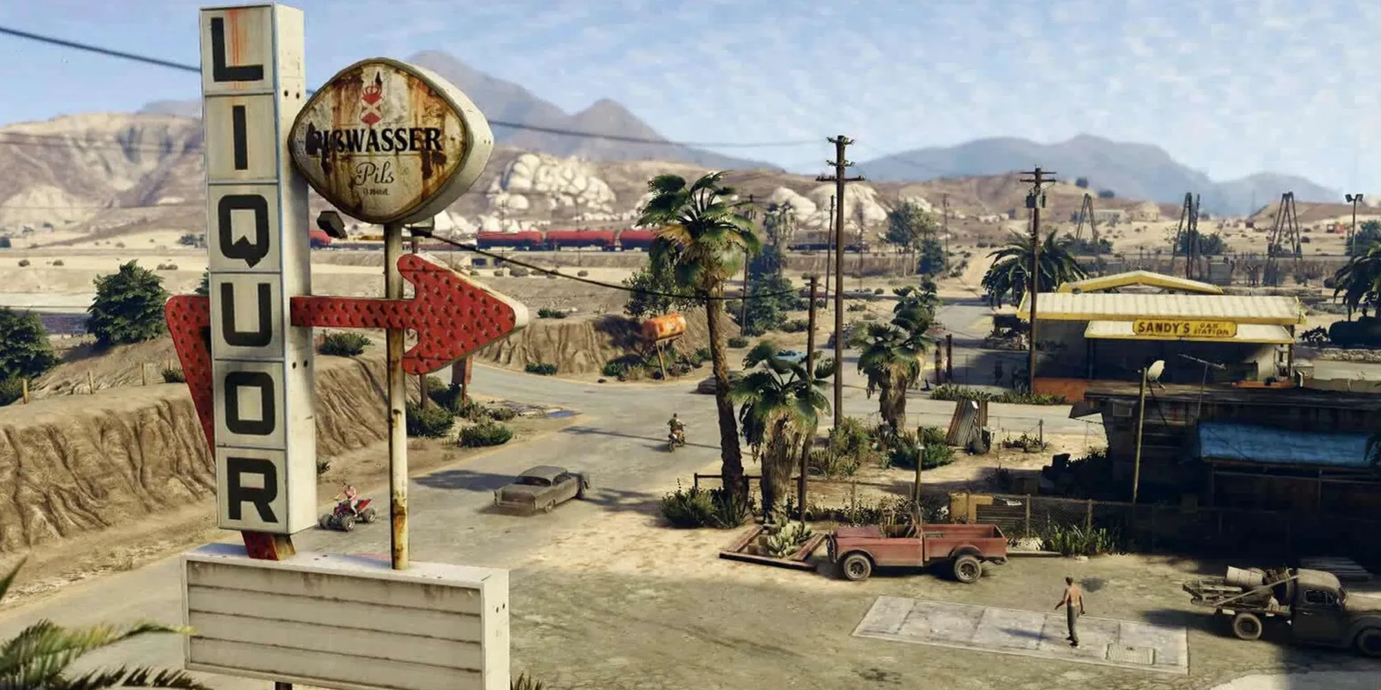 Toàn cảnh Sandy Shores trong GTA 5 với núi Chiliad hùng vĩ phía xa