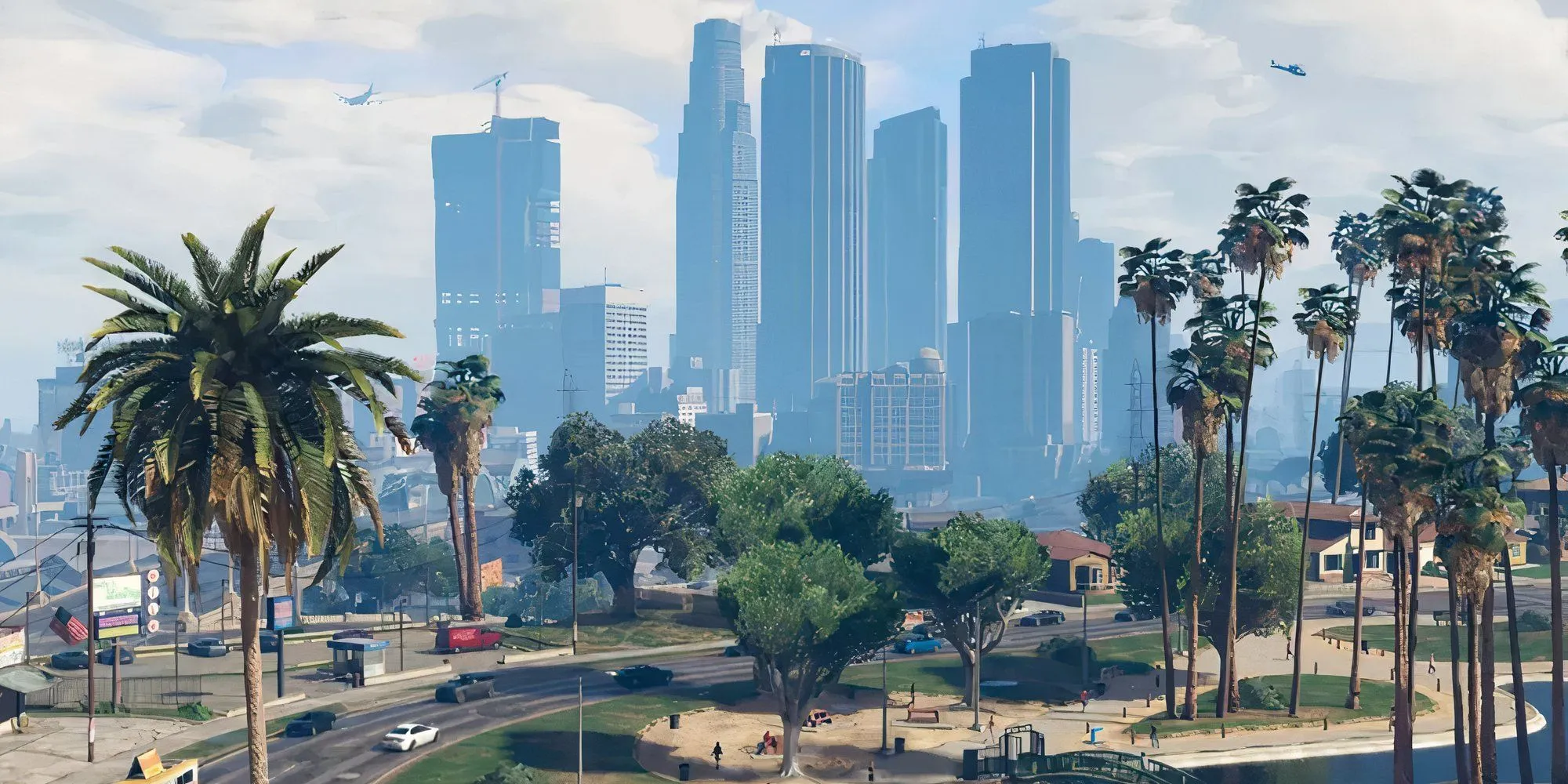 Toàn cảnh thành phố Los Santos trong GTA 5 với những tòa nhà chọc trời và đường phố tấp nập