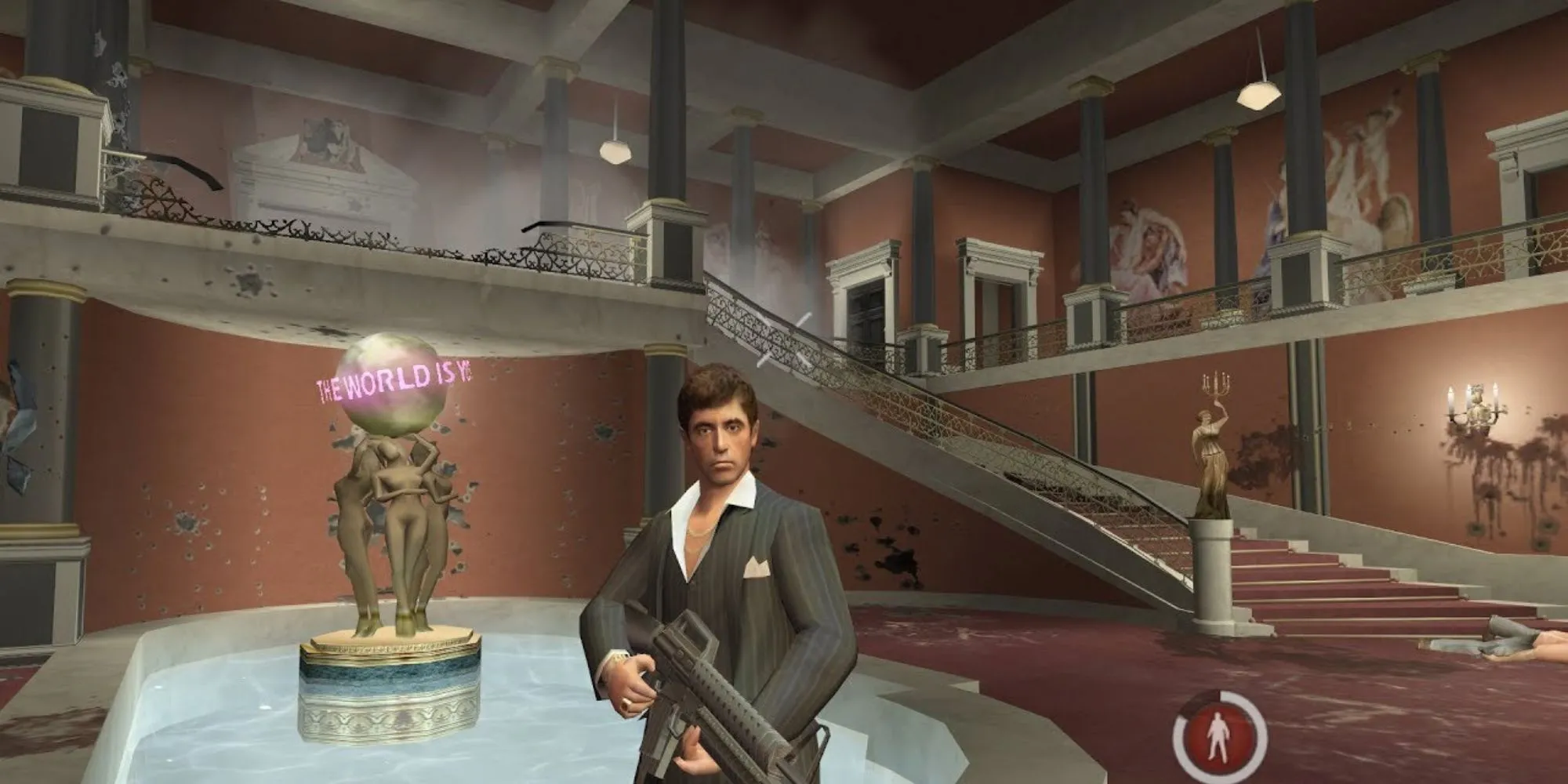 Tony Montana đứng giữa dinh thự trong game Scarface The World is Yours trên PS2