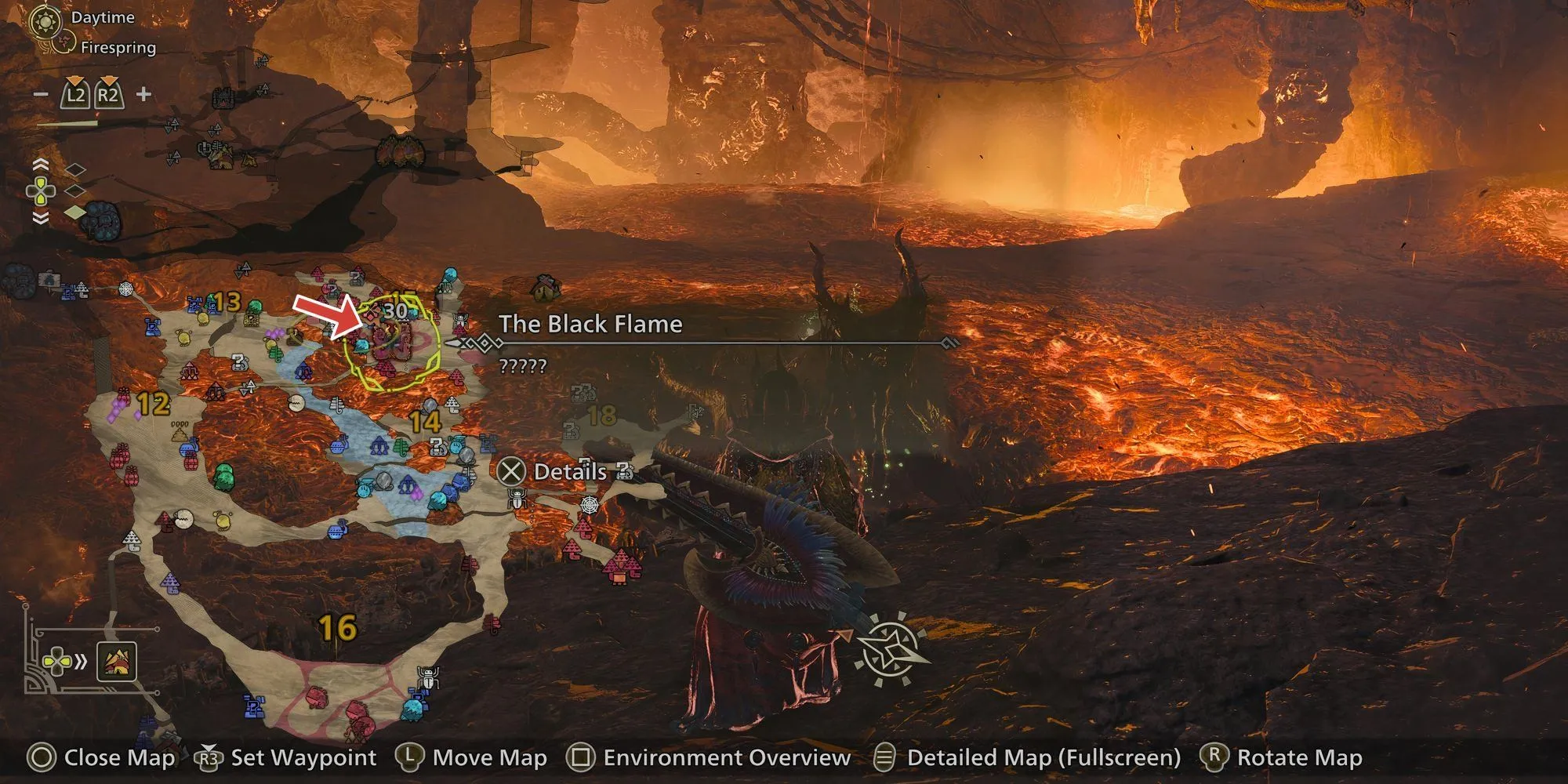 Vị trí của Black Flame Nu Udra trong Monster Hunter Wilds tại Zone 15 Oilwell Basin