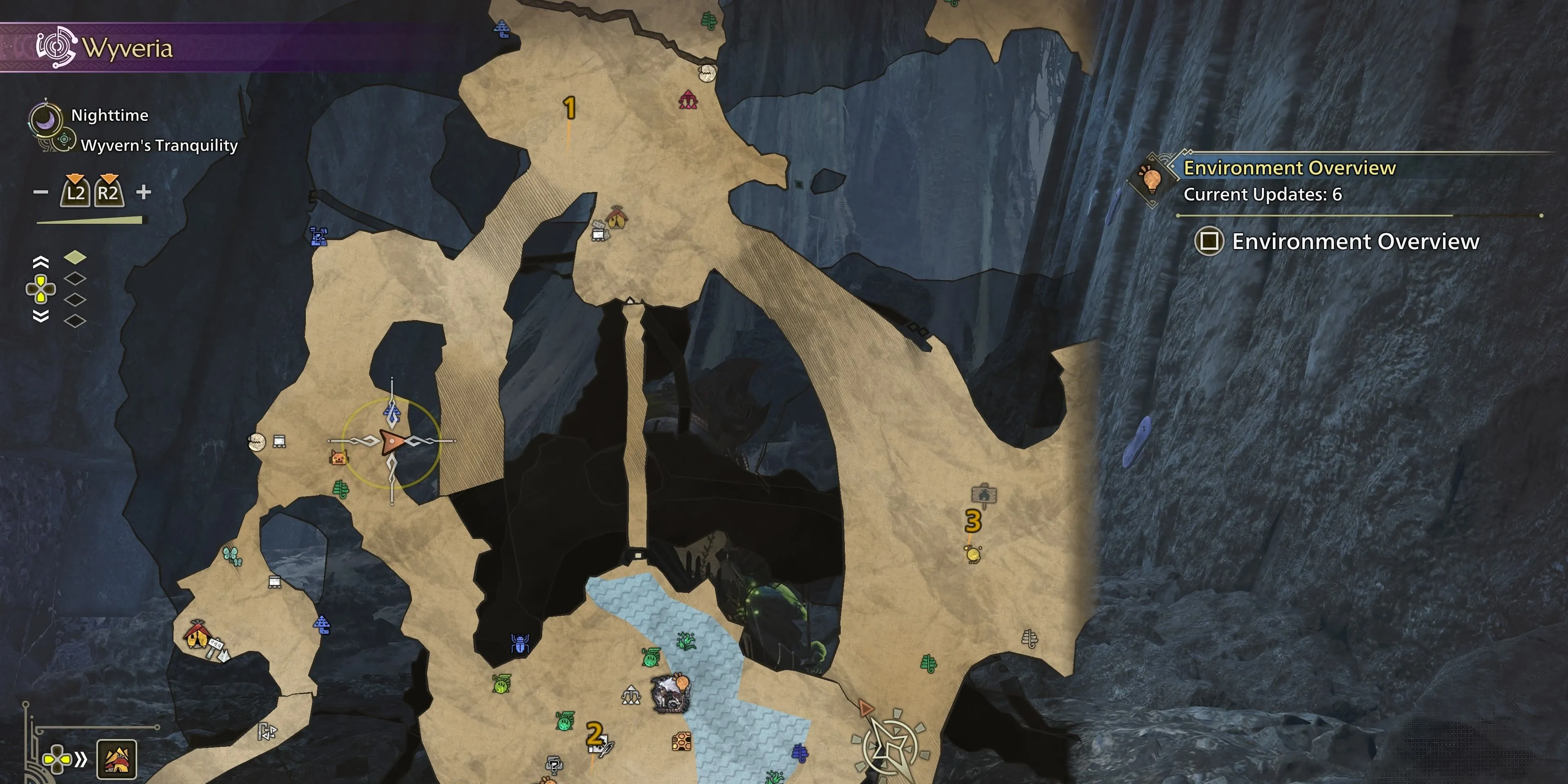 Vị trí Gillopod bám trên tường đá gần Khu vực 1 Wyverian Ruins trong Monster Hunter Wilds