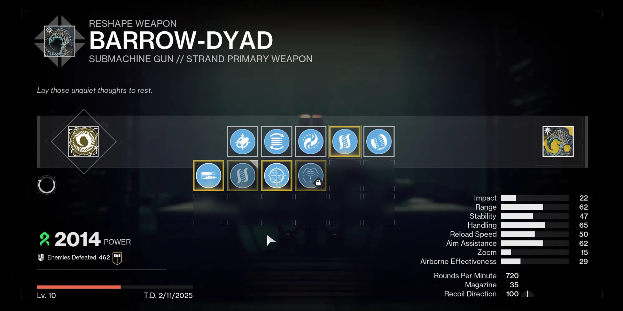 Vũ khí Barrow-Dyad trong Destiny 2 với các tùy chọn catalyst khác nhau