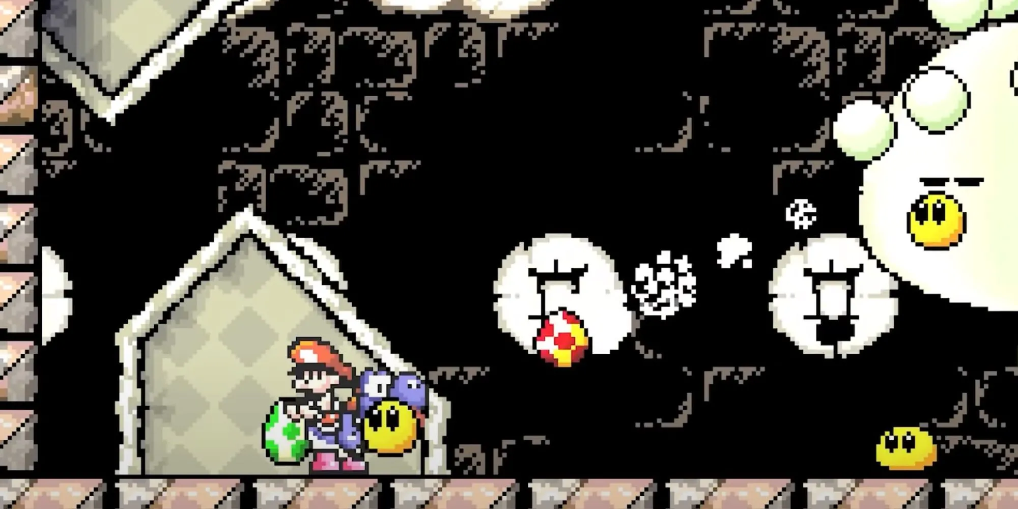 Yoshi chở Baby Mario chiến đấu với Boo trong Super Mario World 2: Yoshi's Island