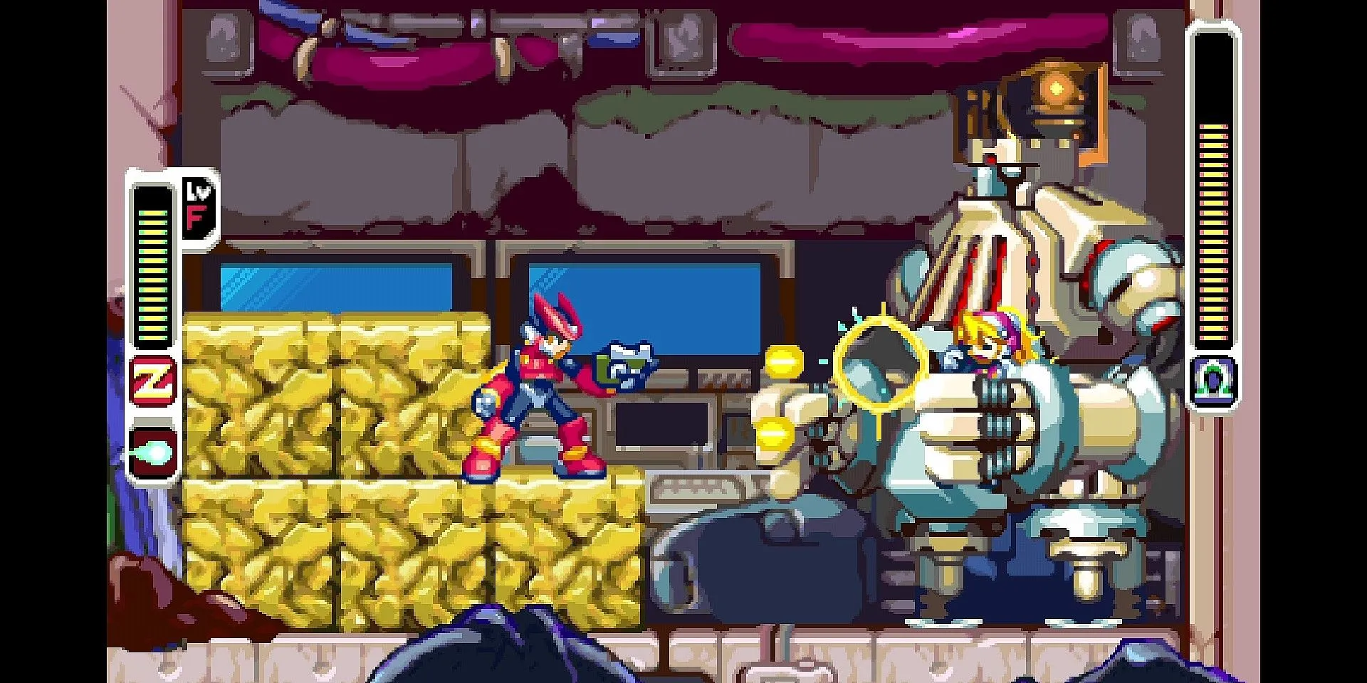 Zero chiến đấu với Golem trong game Mega Man Zero đầy kịch tính