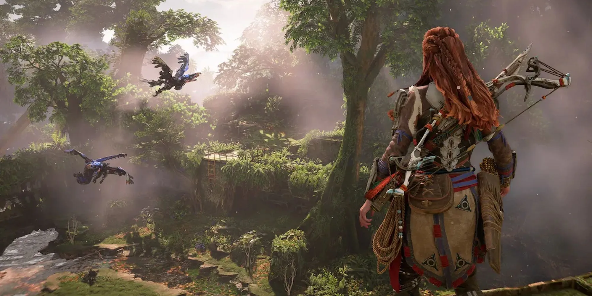 Aloy chiêm ngưỡng khung cảnh Miền Tây Cấm rộng lớn trong Horizon Forbidden West