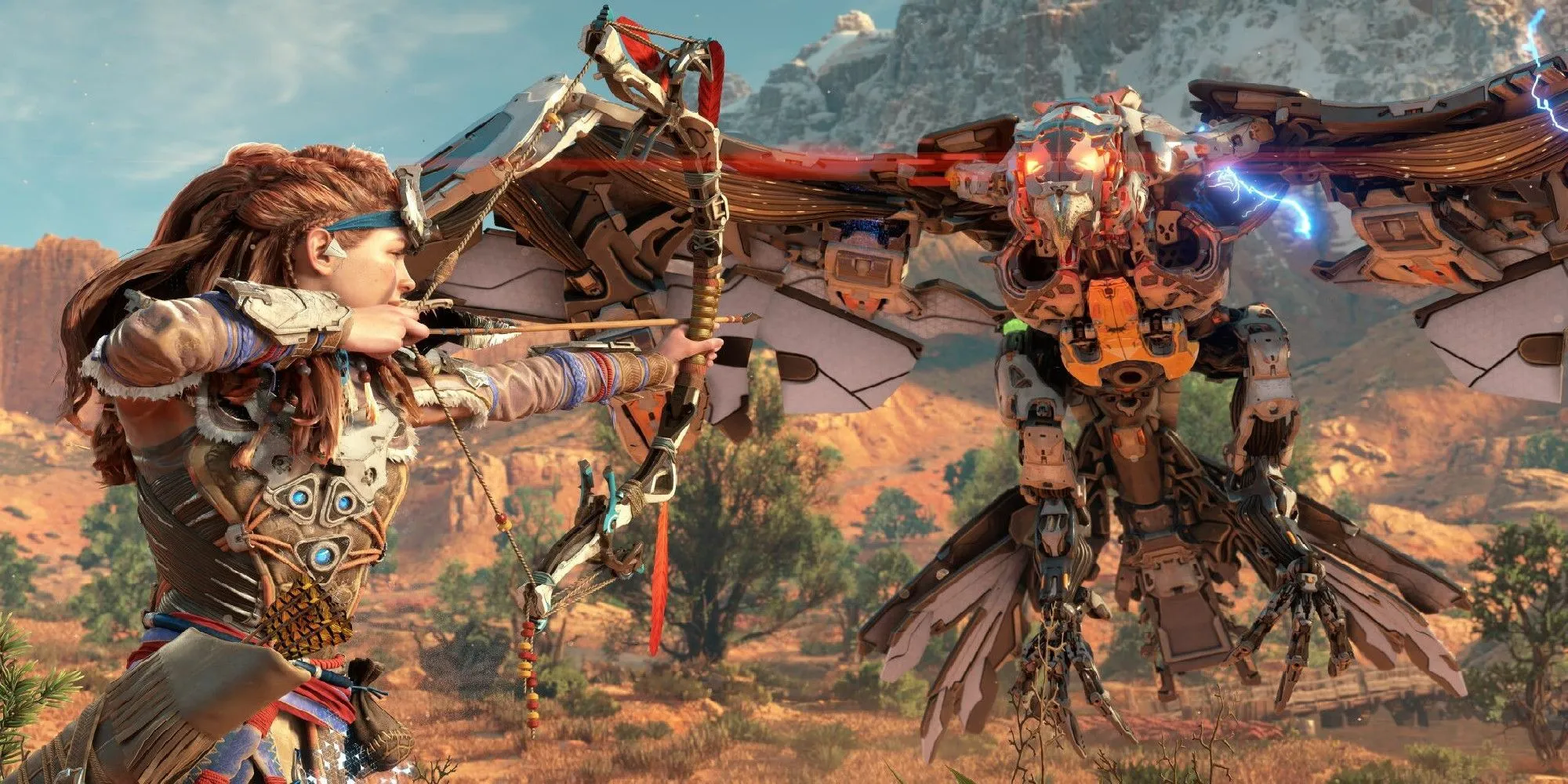 Aloy chiến đấu với cỗ máy khổng lồ Thunderbird trong game Horizon Zero Dawn