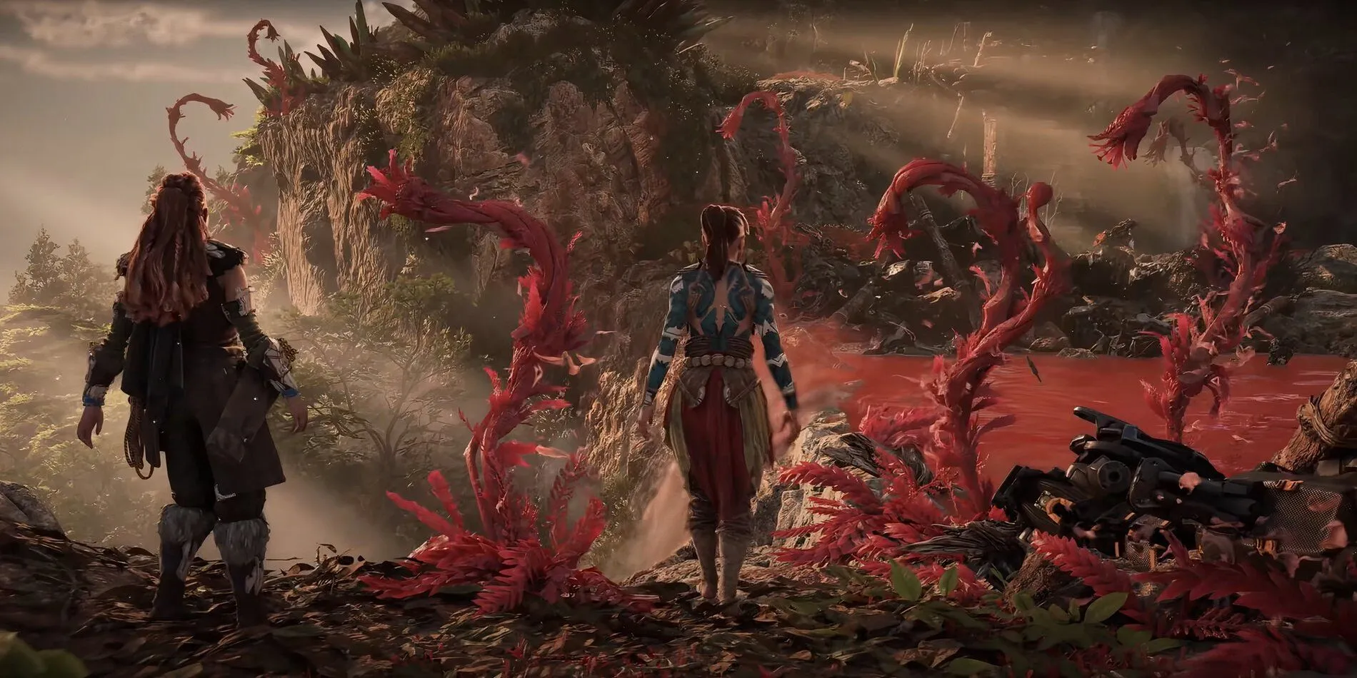 Aloy nhìn ra khung cảnh rộng lớn trong Horizon Forbidden West