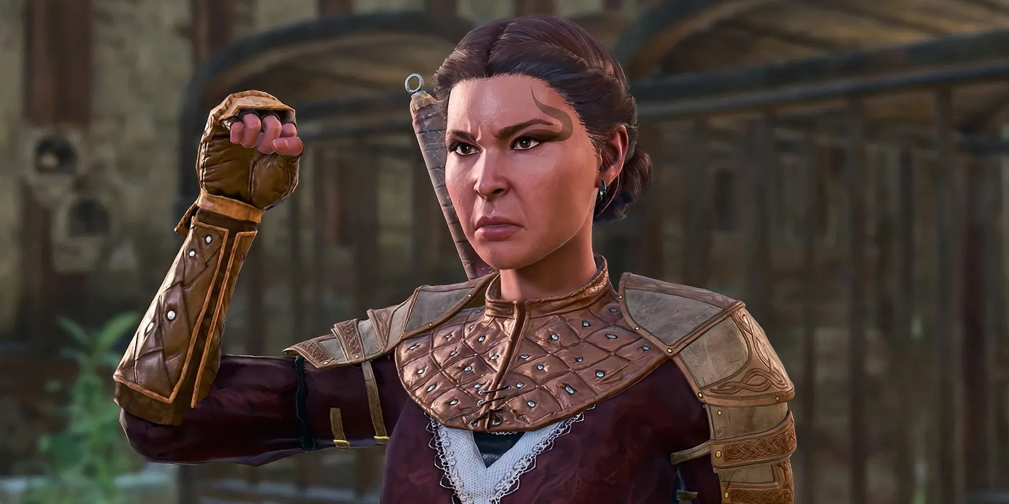 Angry Mar'hyah từ Baldur s Gate 3 giơ tay đứng ngoài khu nuôi chó