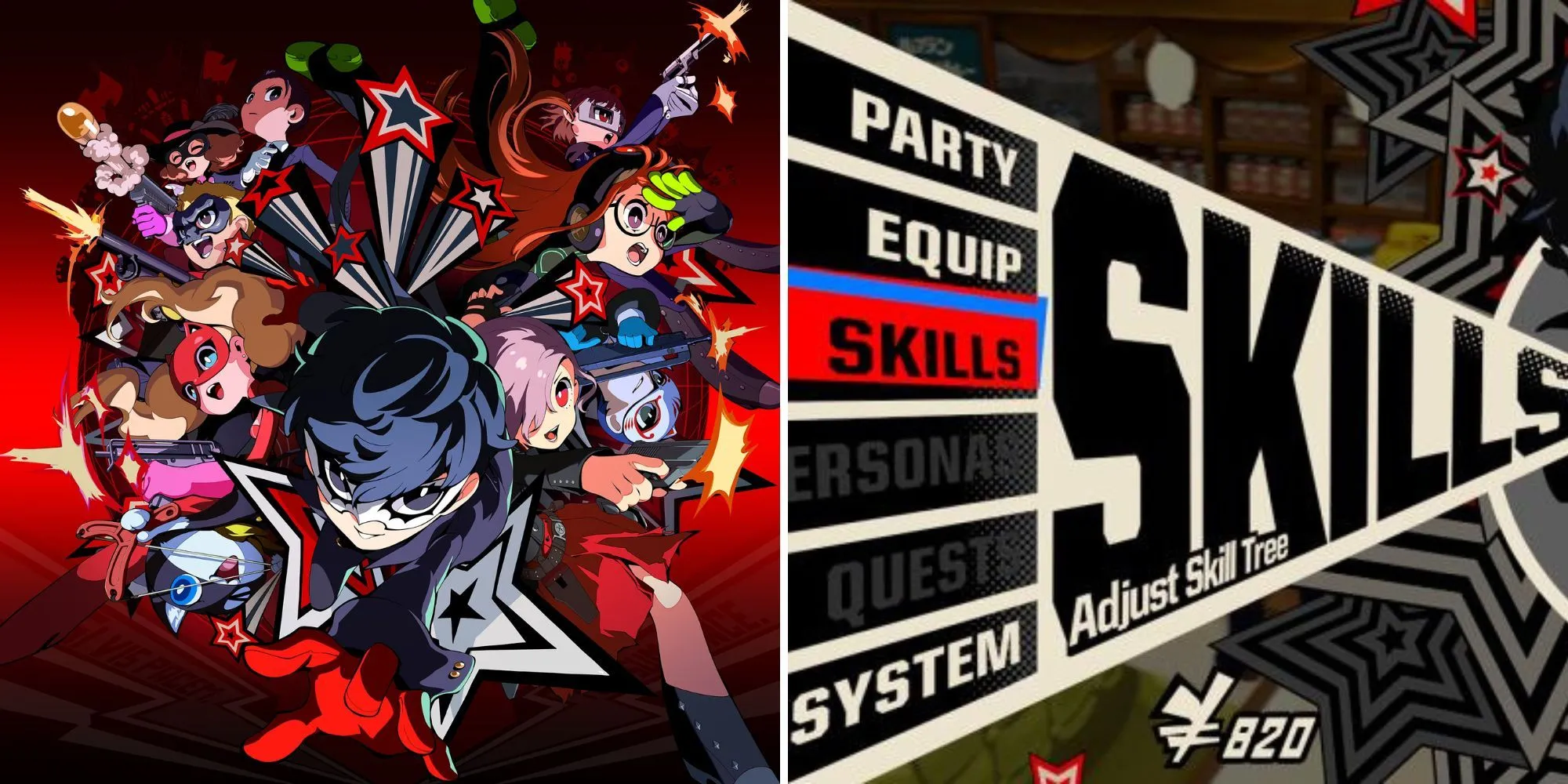 Ảnh bìa game Persona 5 Tactica và giao diện cây kỹ năng