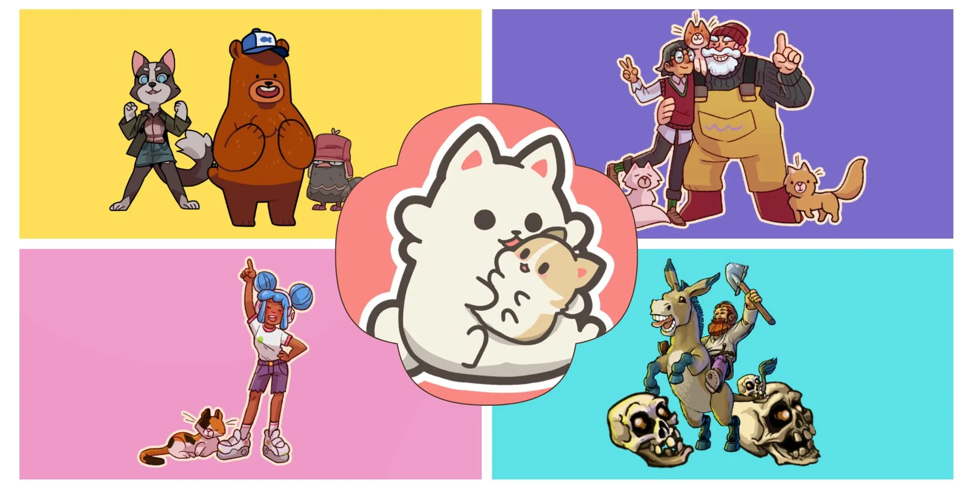 Ảnh cắt ghép các game cozy như Cat Cafe Manager, Bear and Breakfast, Feedog và Graveyard Keeper, thể hiện sự đa dạng của thể loại game thư giãn.