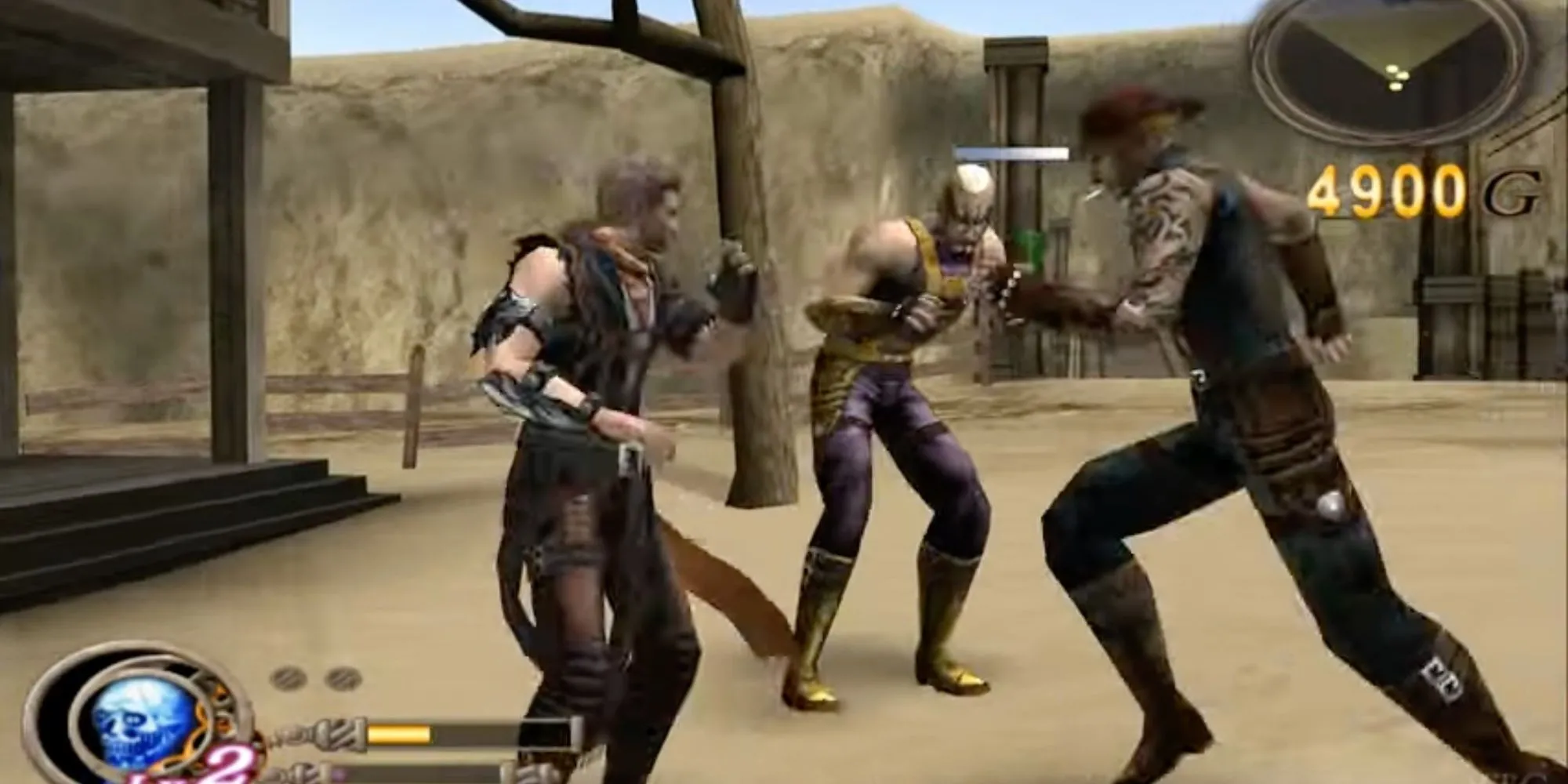 Ảnh chụp gameplay God Hand: nhân vật chính chiến đấu với hai kẻ thù, thể hiện phong cách beat 'em up 3D