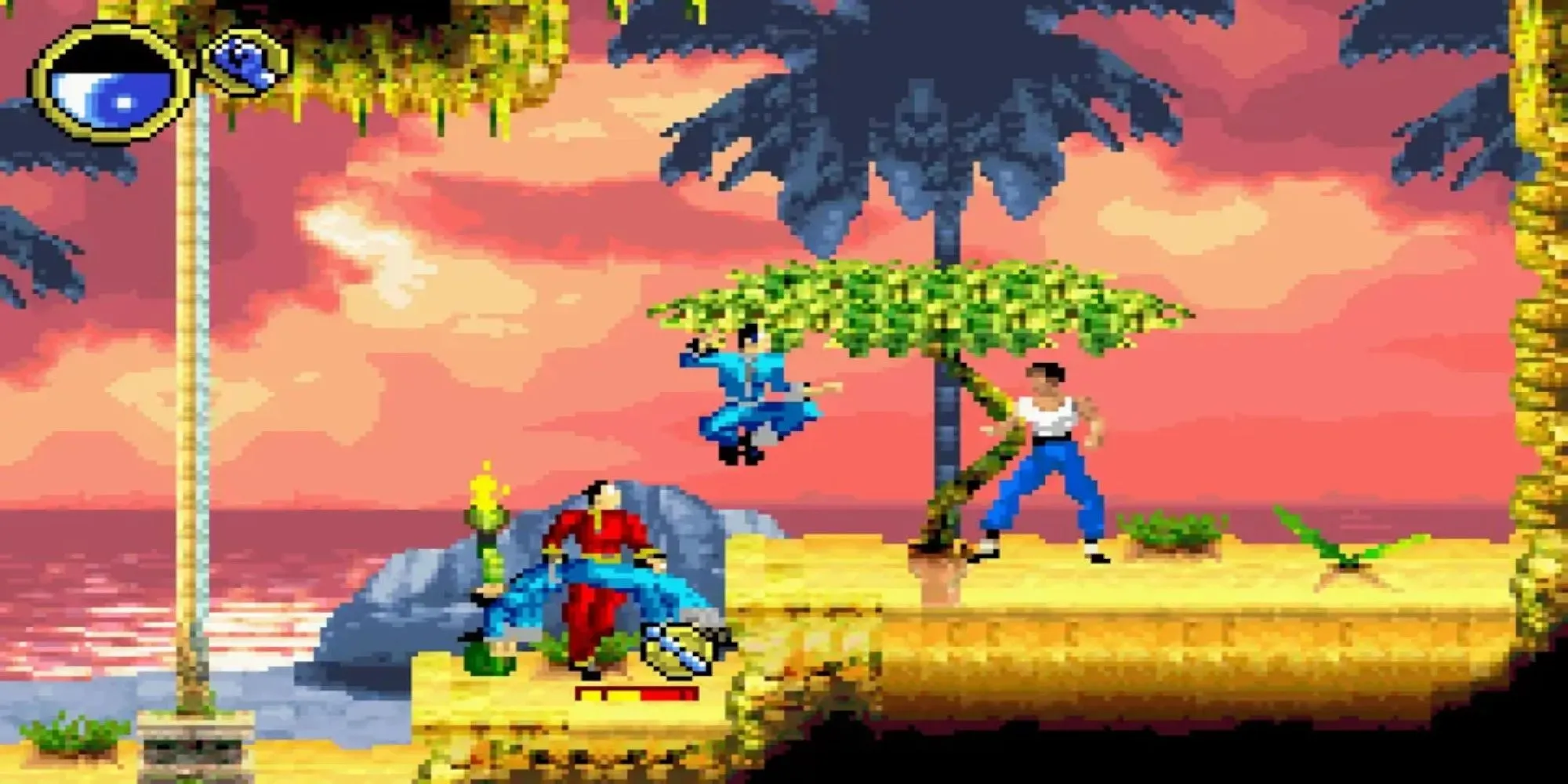 Ảnh chụp màn hình Bruce Lee Return of the Legend trên GBA, nhân vật đang thực hiện đòn thế võ thuật