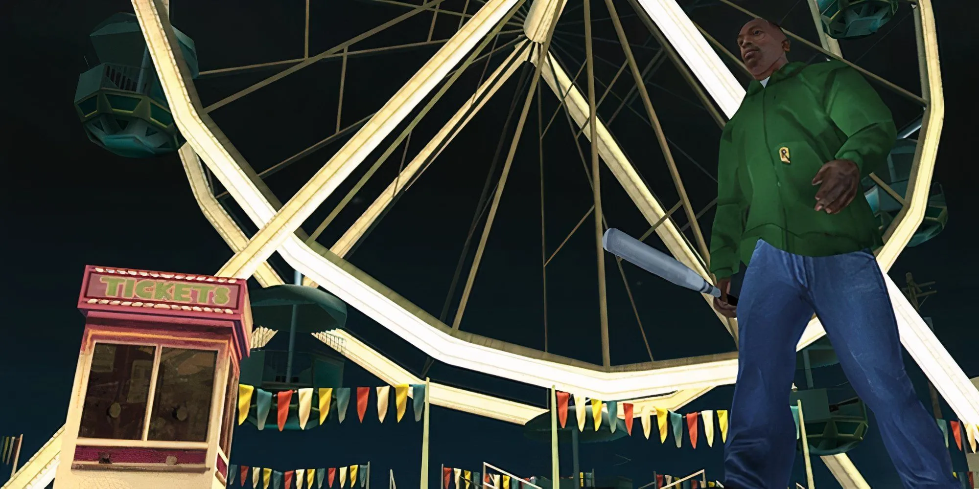 Ảnh chụp màn hình Carl Johnson (CJ) từ GTA San Andreas bên ngoài vòng đu quay vào ban đêm