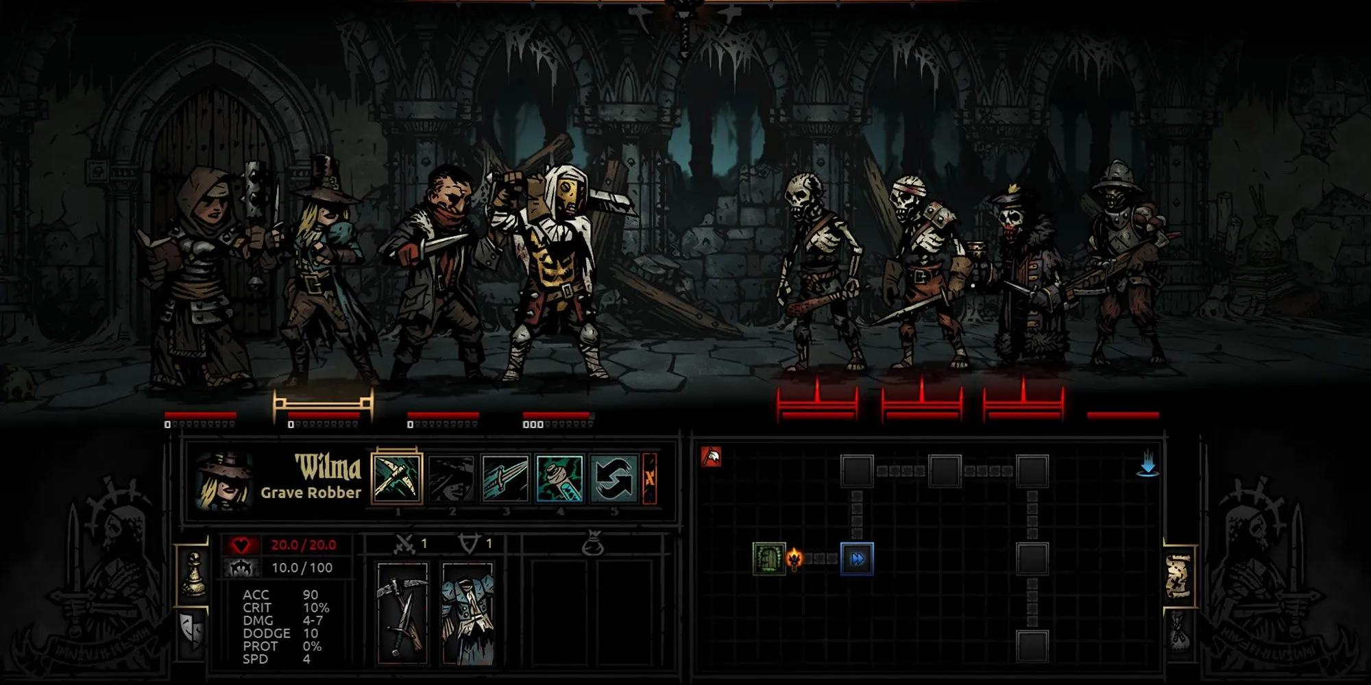Ảnh chụp màn hình chiến đấu theo lượt trong Darkest Dungeon, thể hiện các nhân vật đối mặt với quái vật
