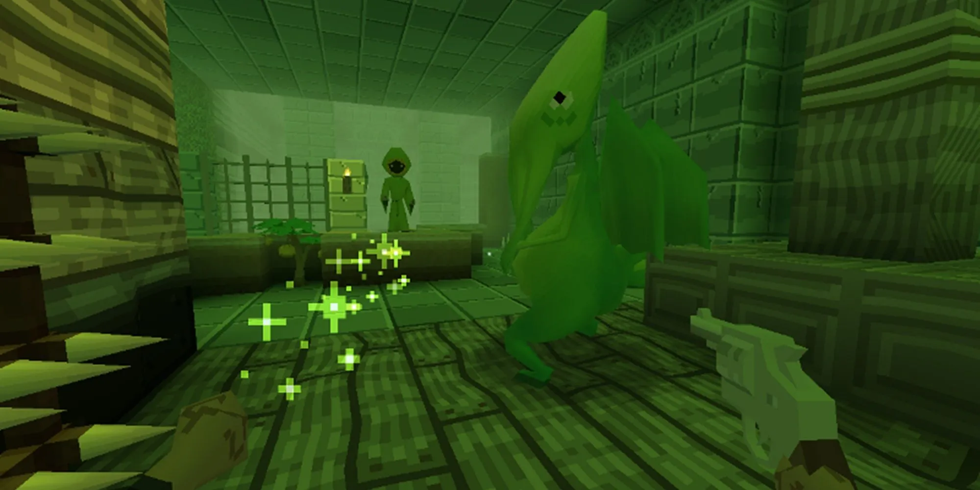 Ảnh chụp màn hình game Eldritch, cho thấy một con quái vật kỳ dị trong môi trường đồ họa khối pixel