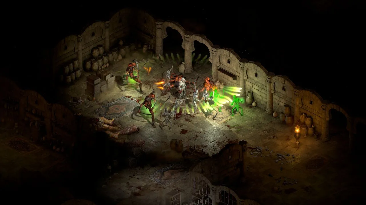 Ảnh chụp màn hình gameplay Diablo II Resurrected với nhân vật đang chiến đấu trong hầm ngục tăm tối.