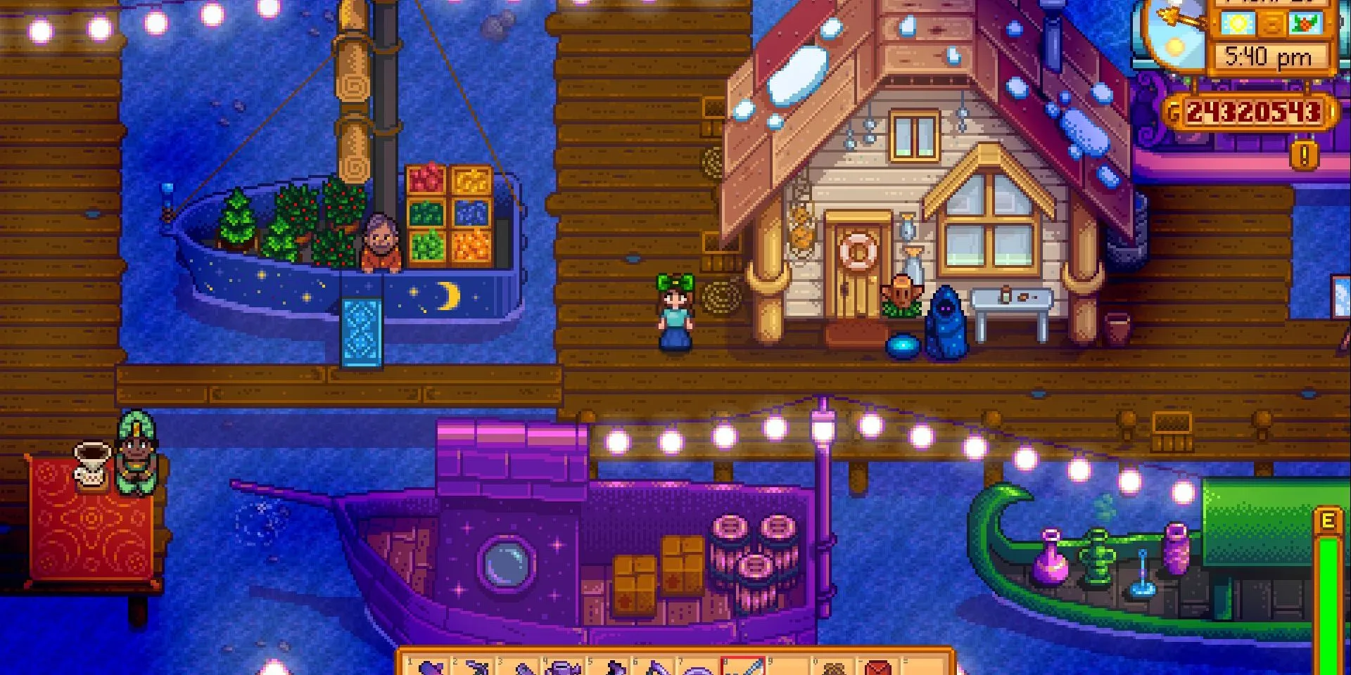 Ảnh chụp màn hình Stardew Valley cảnh khu Chợ Đêm với nhân vật người chơi đứng trên bến tàu.