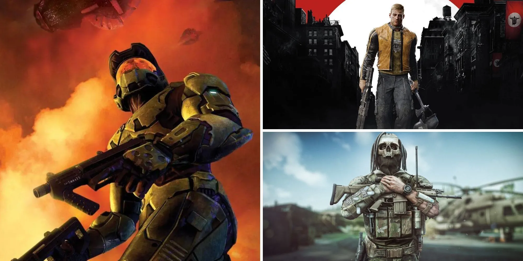 Ảnh ghép bìa game Halo 2, Wolfenstein II, và Escape from Tarkov, đại diện cho những game FPS được đánh giá là khó và thử thách nhất.