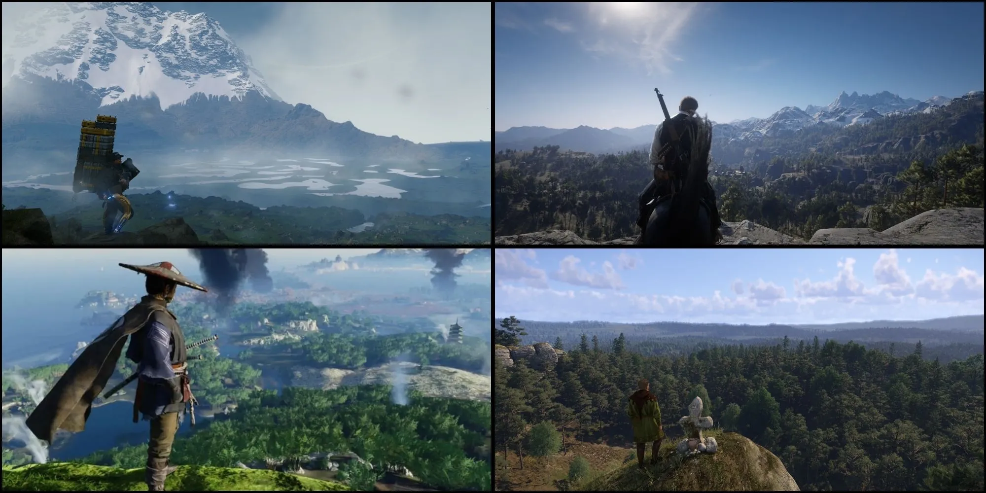 Ảnh tổng hợp các game thế giới mở chân thực: Death Stranding, Red Dead Redemption 2, Ghost of Tsushima, Kingdom Come Deliverance 2, minh họa môi trường game ấn tượng.