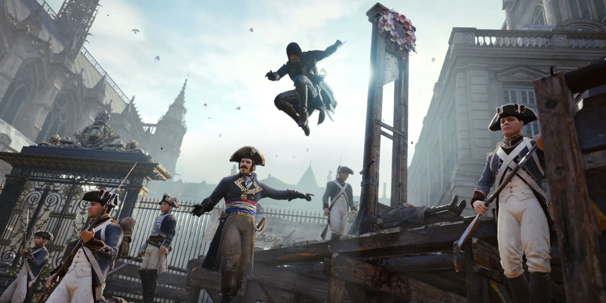 Arno Dorian thực hiện cú ám sát trên không trong Assassin's Creed Unity