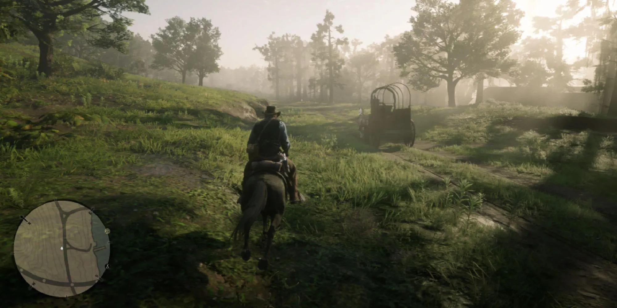 Arthur Morgan cưỡi ngựa truy đuổi xe ngựa trong Red Dead Redemption 2, minh họa các hoạt động đặc trưng của miền Viễn Tây