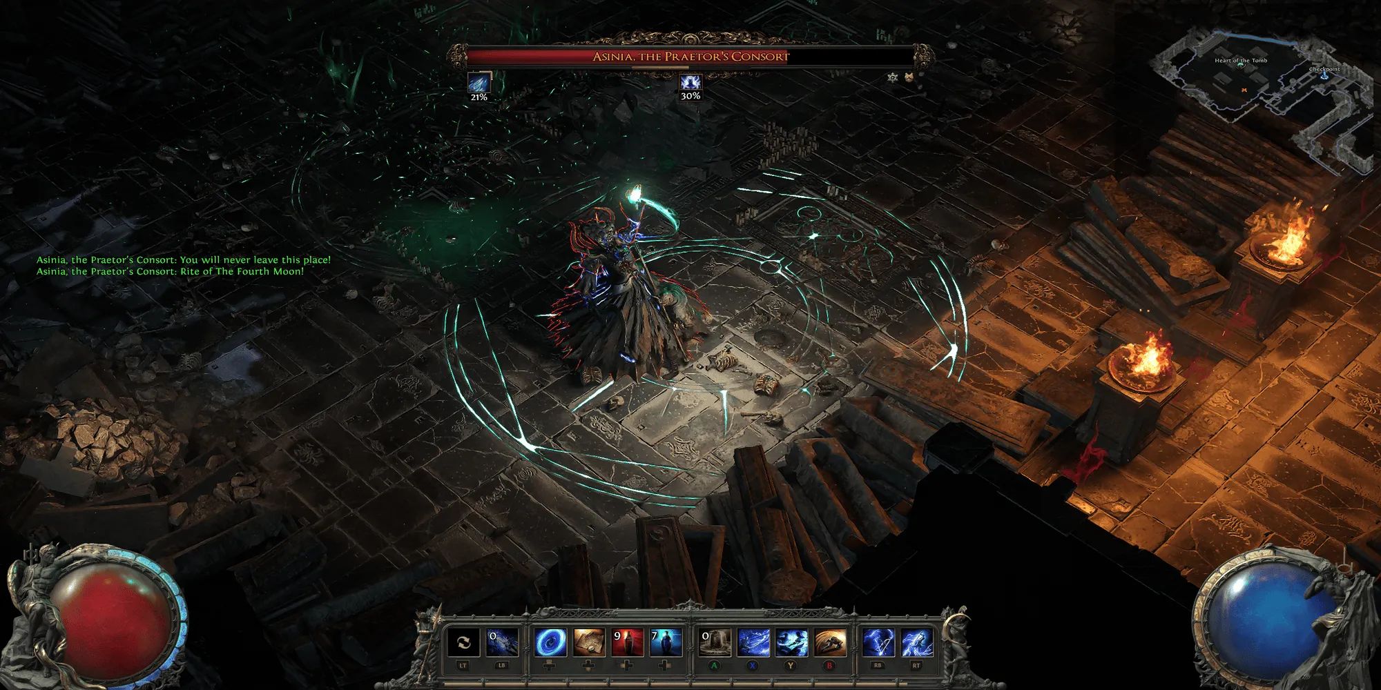 Asinia the Praetor Consort cùng với các bóng ma xanh triệu hồi trong trận đấu boss ở Path of Exile 2