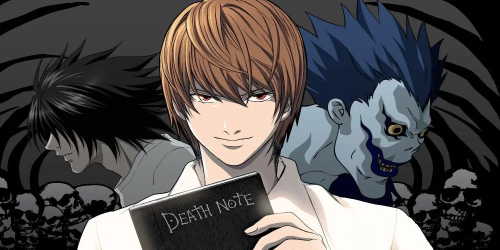 Ba nhân vật chính Light, Ryuk và L trong anime Death Note.