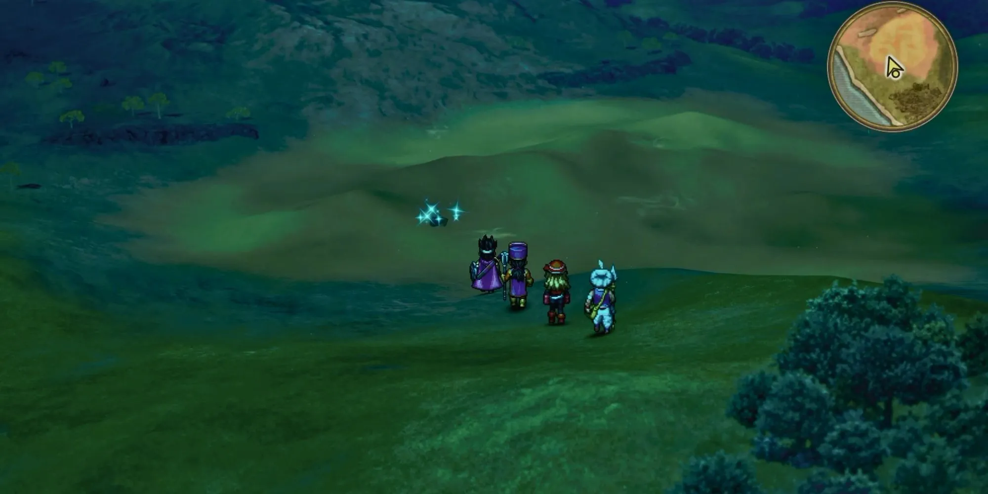 Bản đồ thế giới trong Dragon Quest III HD-2D Remake với một nhóm nhân vật di chuyển