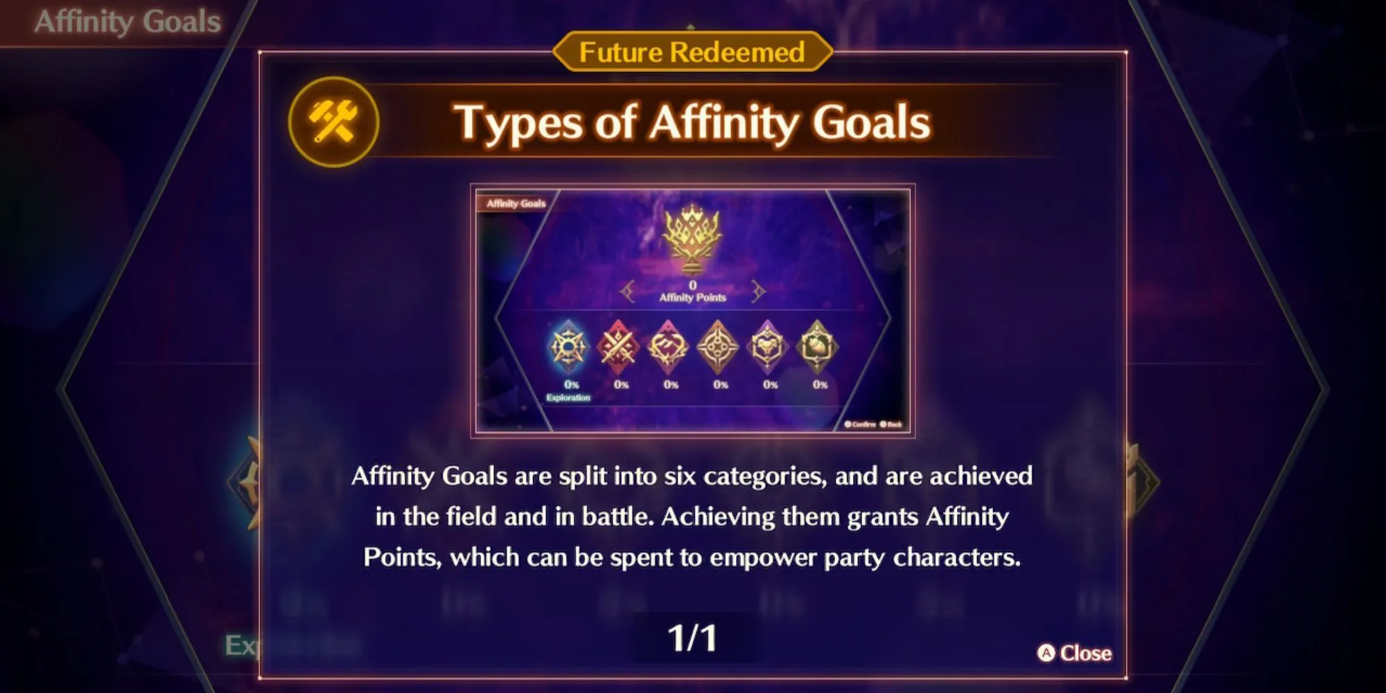 Bảng Affinity Panel trong Xenoblade Chronicles 3 hiển thị cách khám phá liên kết với tiến trình nhân vật