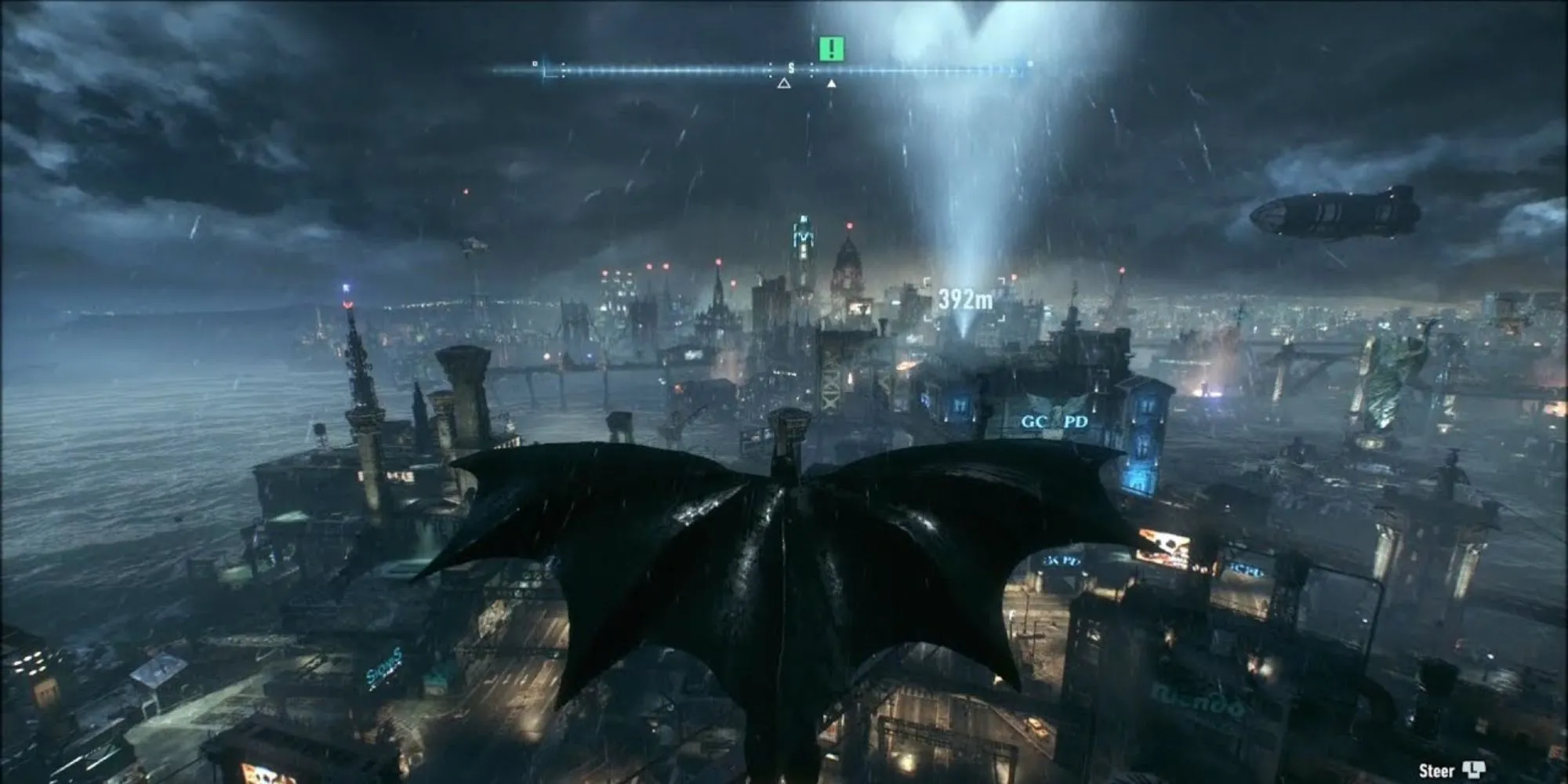 Batman đang lượn cánh qua các tòa nhà chọc trời của Central Gotham trong Arkham Knight, sử dụng chiều cao làm lợi thế.
