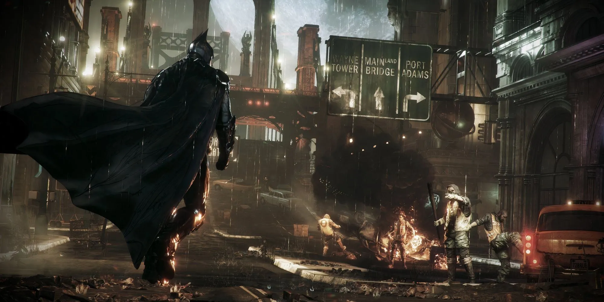 Batman đi bộ trên đường phố Gotham u ám.