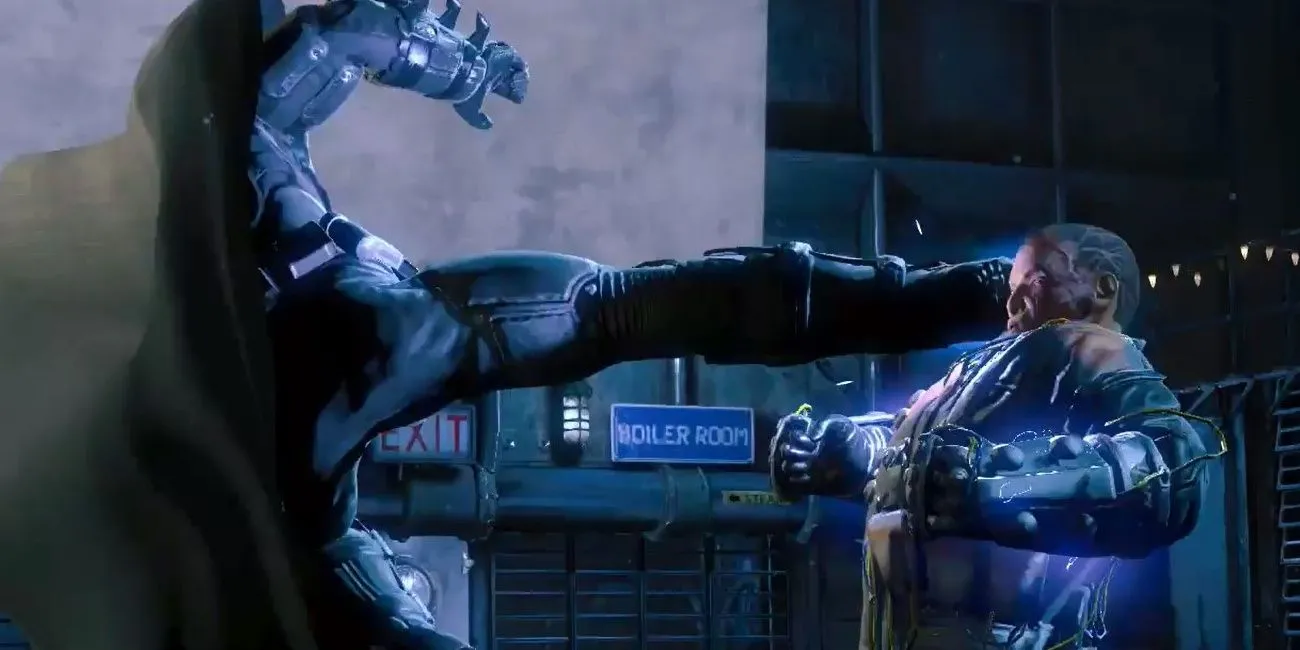 Batman kicks the Electrocutioner in Batman: Arkham Origins