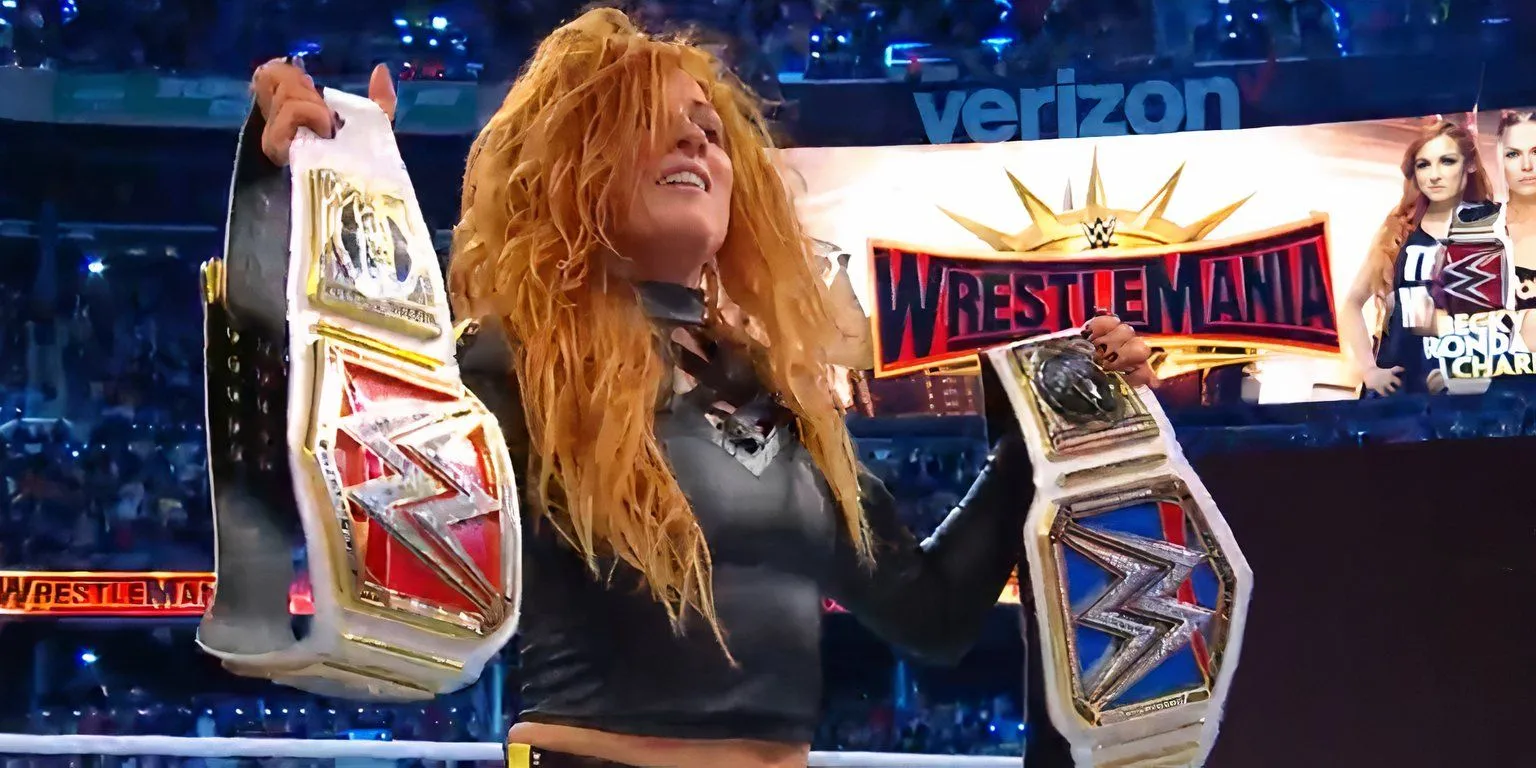 Becky Lynch ăn mừng chiến thắng trong trận đấu chính WrestleMania 35.