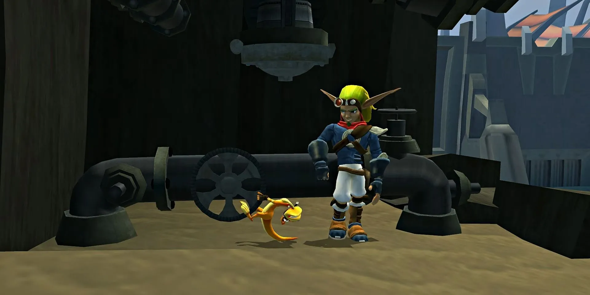 Bộ đôi nhân vật Jak và Daxter trong bối cảnh đô thị u ám của game Jak II