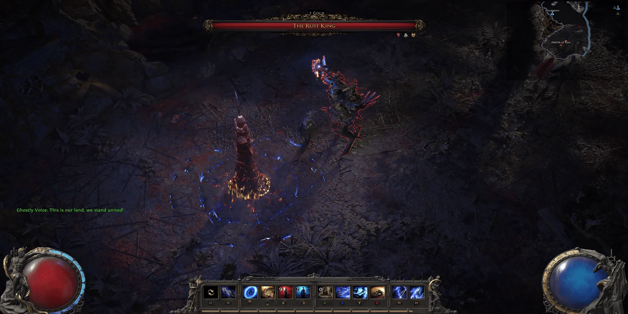 Boss Rust King sử dụng đòn đánh diện rộng trong khu vực The Red Vale, Act 1 Path of Exile 2