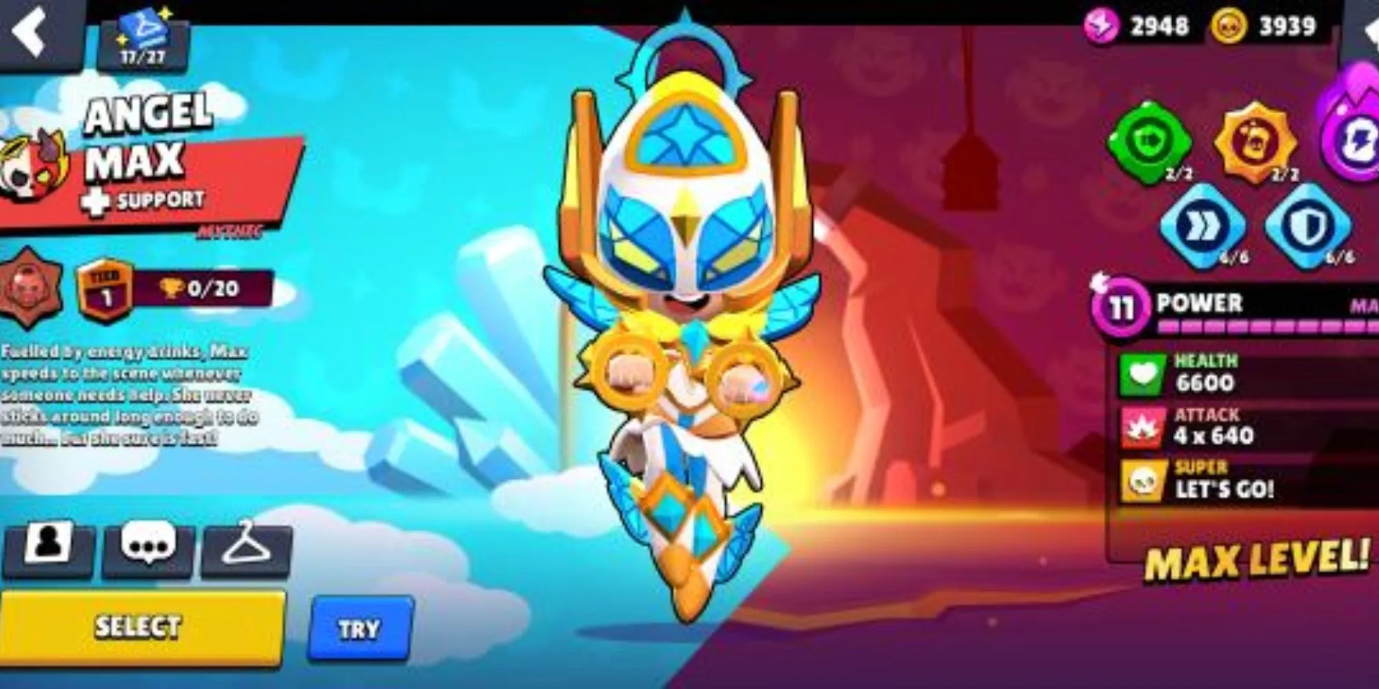 Brawler Max trong Brawl Stars với trang phục Angel Max, thể hiện tốc độ nhanh nhẹn