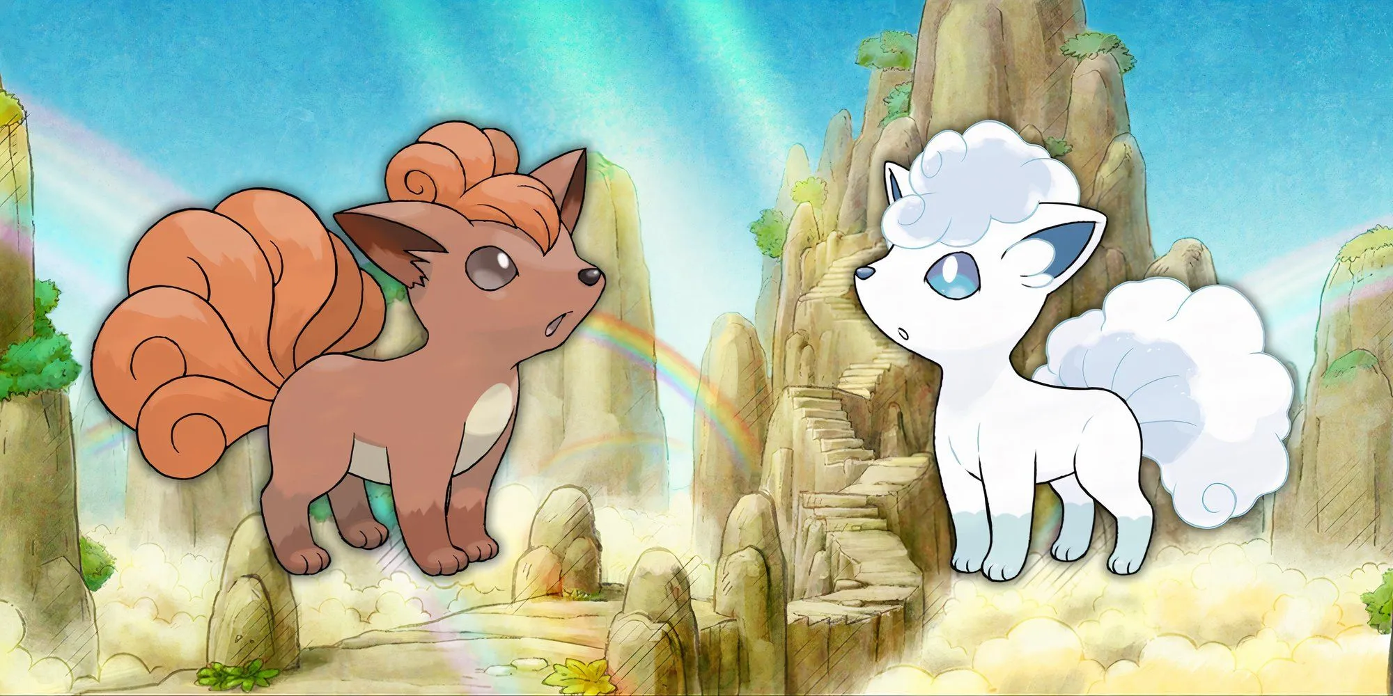 Các biến thể của Vulpix: Vulpix Kantonian màu cam với 6 đuôi và Vulpix Alolan màu trắng xanh với đuôi xoăn