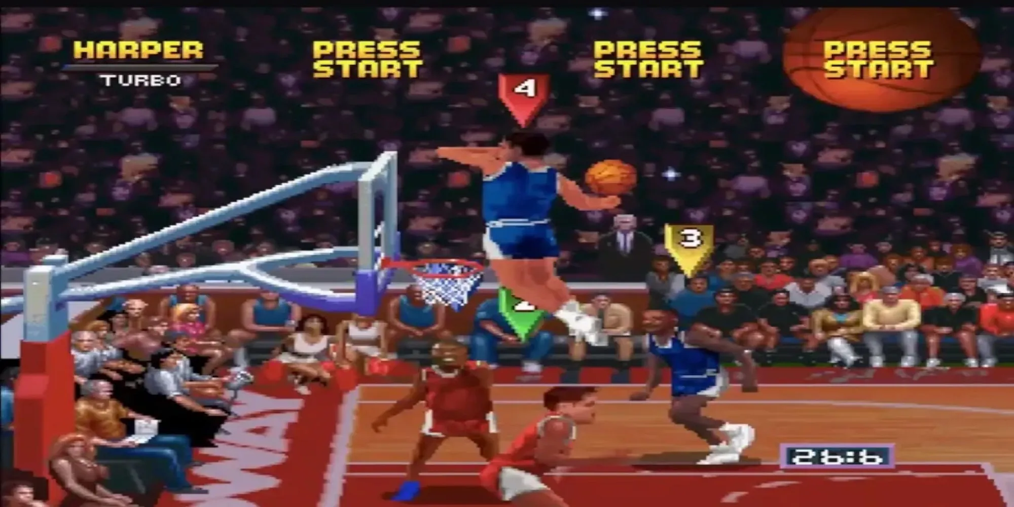 Các cầu thủ thực hiện pha úp rổ ngoạn mục trong game bóng rổ arcade kinh điển NBA Jam Tournament Edition.